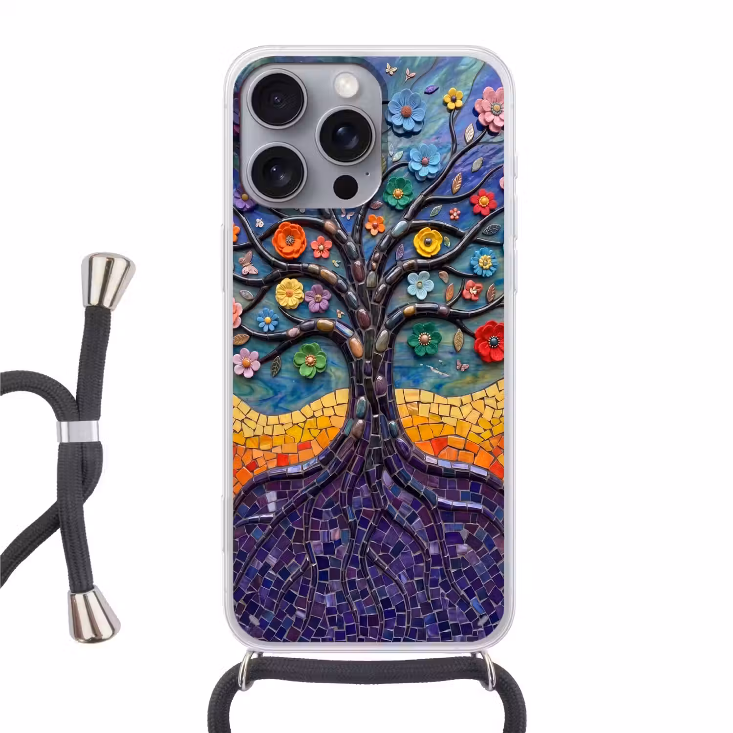 Levensboom - Mozaïek - Bloemen - Kleurrijk - Vrolijk Hoesje iPhone 16 Pro Max met koord klein -3d