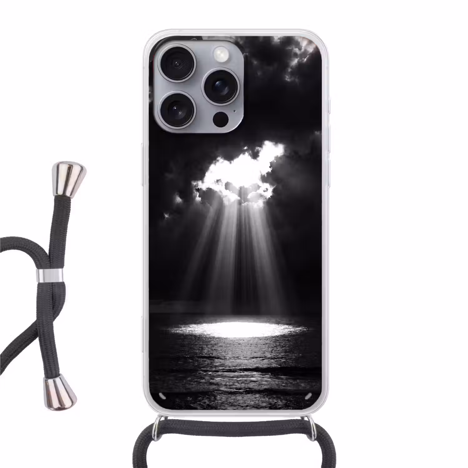 Licht - Wolken - Zee - Zwart-wit - Natuur Hoesje iPhone 16 Pro Max met koord klein -3d