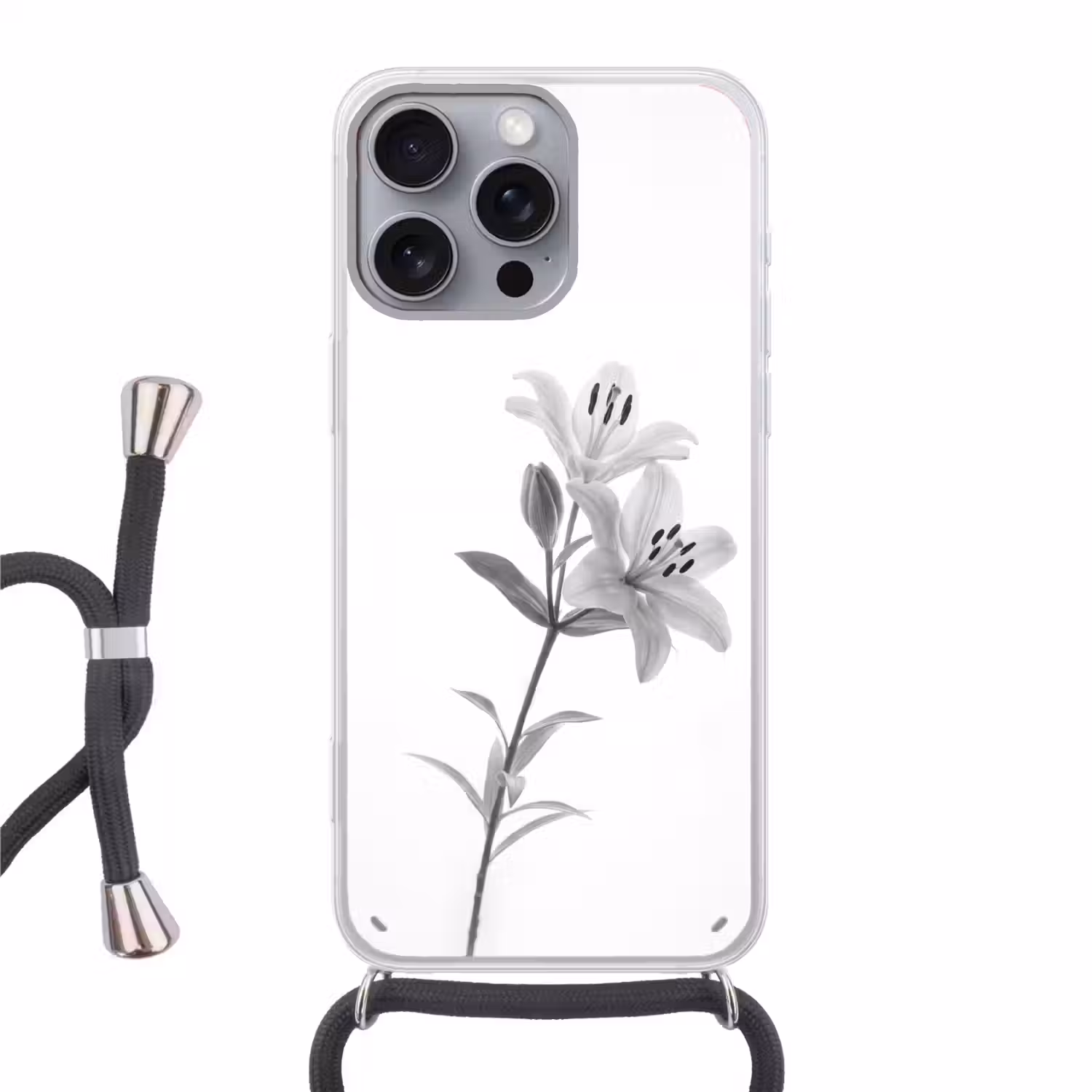 Lelies - Elegant - Zwart - Wit Hoesje iPhone 16 Pro Max met koord klein -3d