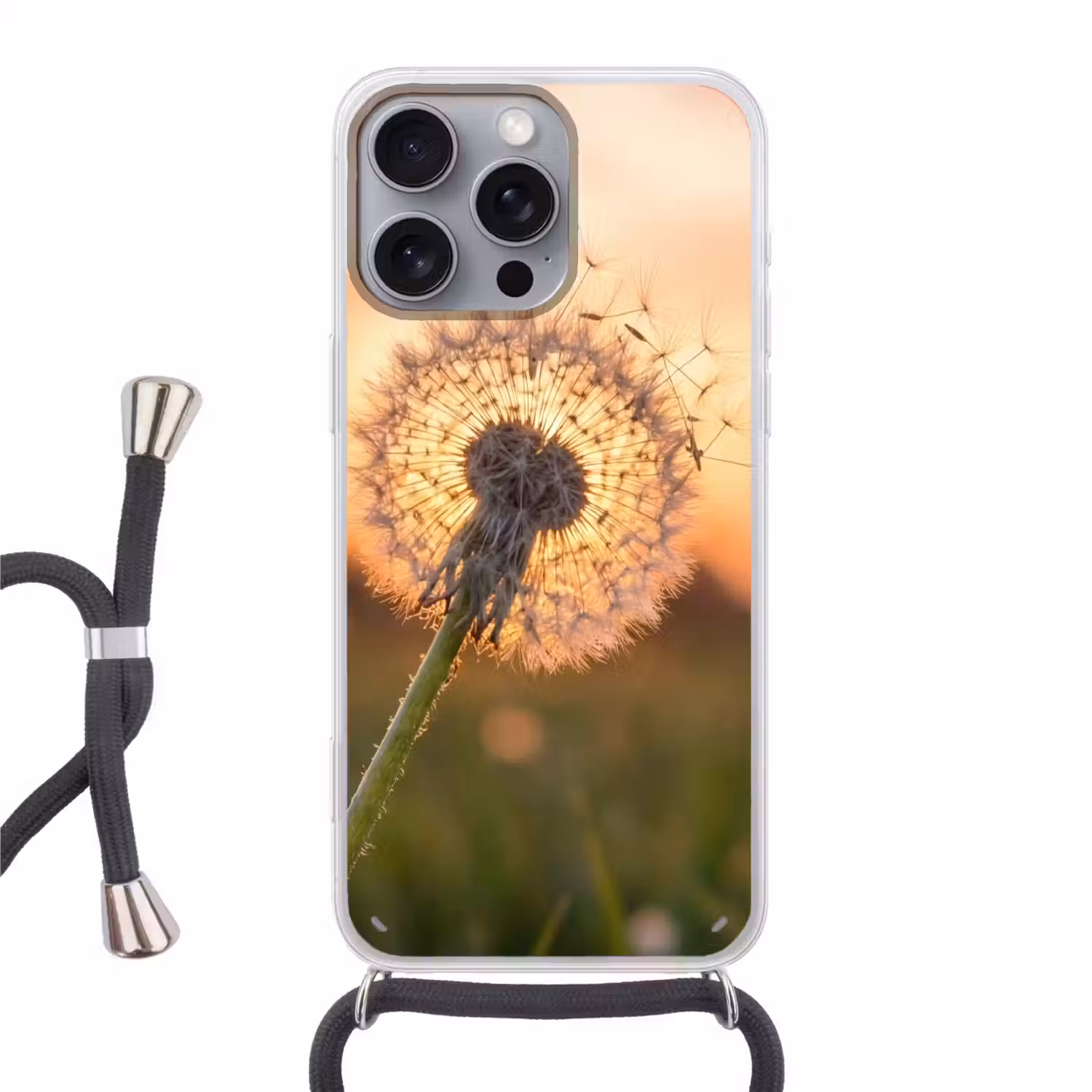 Paardenbloem - Zonsondergang - Veld Hoesje iPhone 16 Pro Max met koord klein -3d