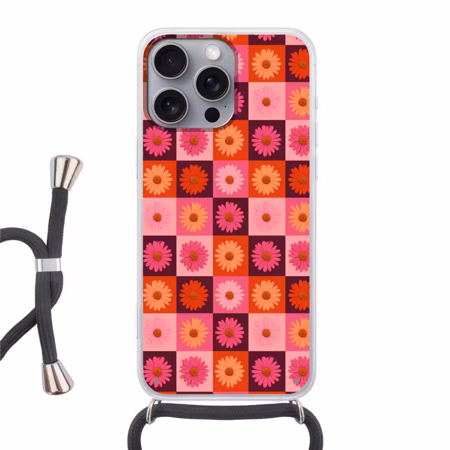 Madeliefjes - Dambord - Retro - Roze - Oranje Hoesje iPhone 16 Pro Max met koord klein 804 -3d