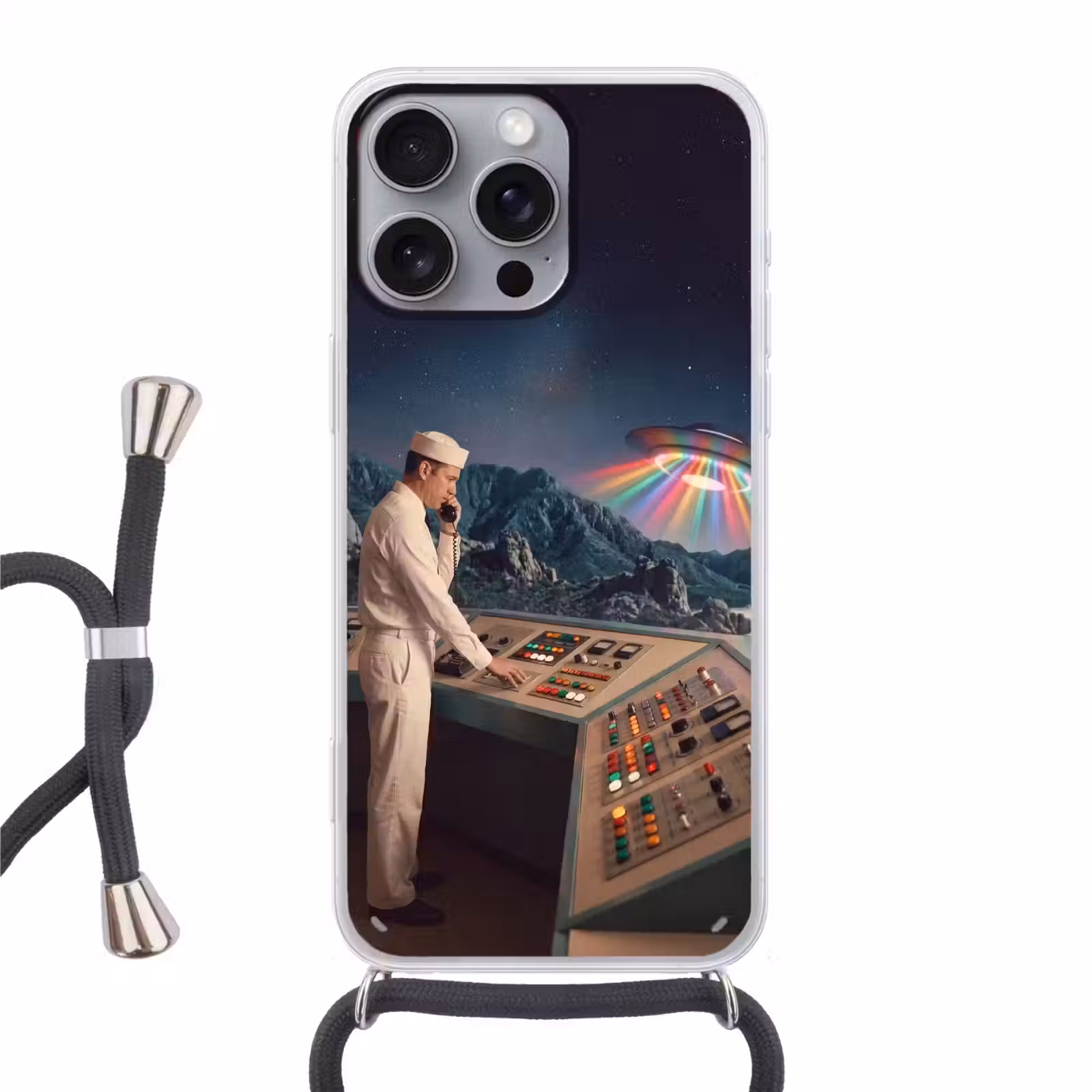 Handyhülle mit Band - Mann – Kontrollraum – Strand - Man - Controlekamer - Strand Hoesje iPhone 16 Pro Max met koord klein