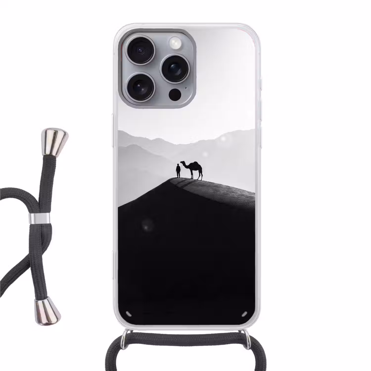 Mens - Kameel - Zandduin - Natuur - Monochroom Hoesje iPhone 16 Pro Max met koord klein -3d