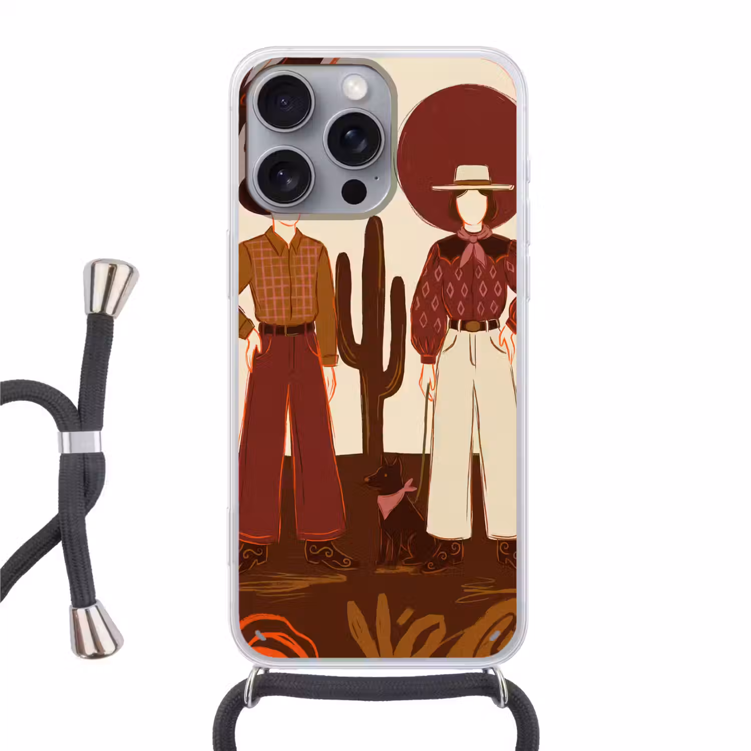 Mensen - Cowboykleding - Westerse stijl - Illustratie - Bruin Hoesje iPhone 16 Pro Max met koord klein -3d