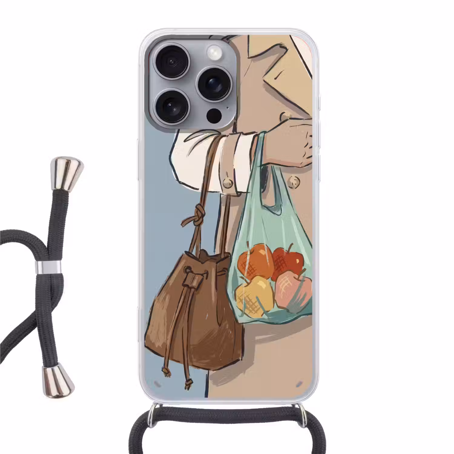 Mensen - Boodschappen - Stadsleven - Modern - Kleurrijk Hoesje iPhone 16 Pro Max met koord klein -3d