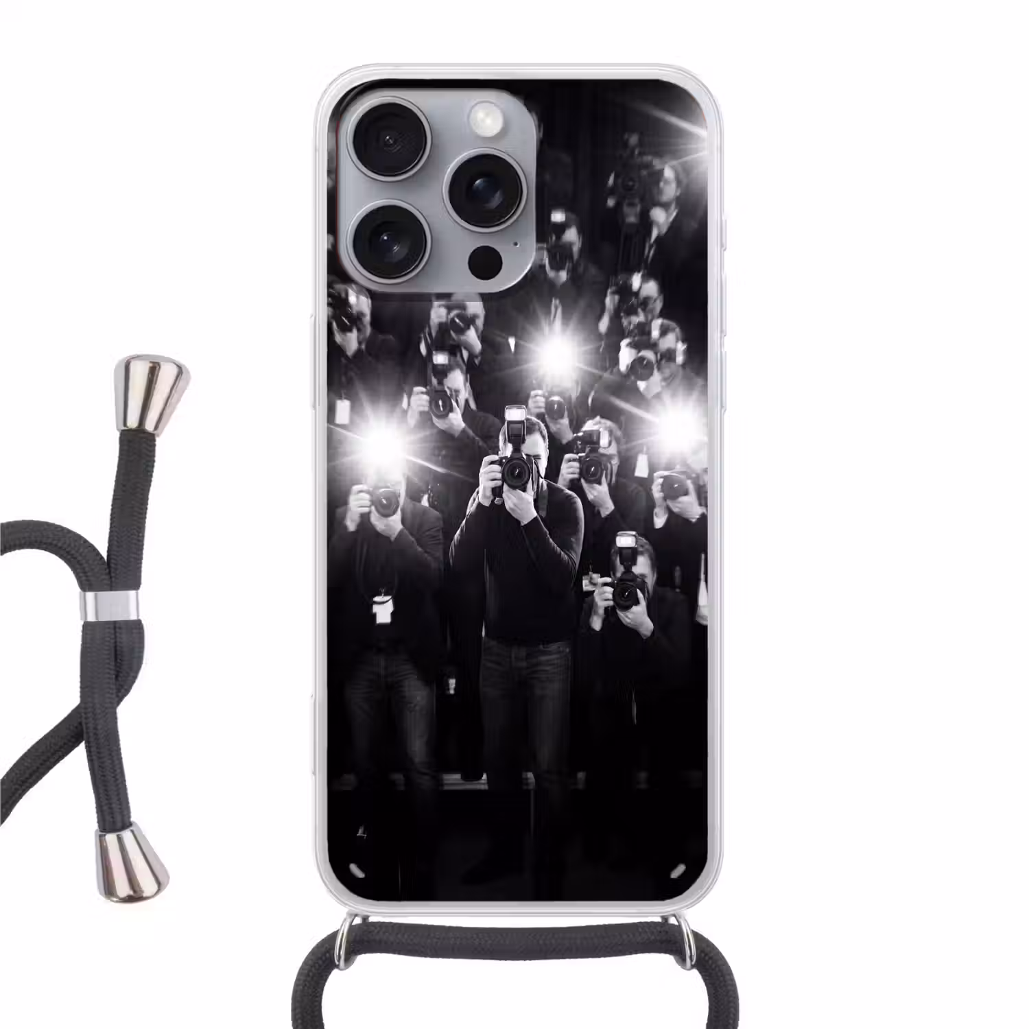 Mensen - Camera - Flitslicht - Zwart-wit - Media Hoesje iPhone 16 Pro Max met koord klein -3d