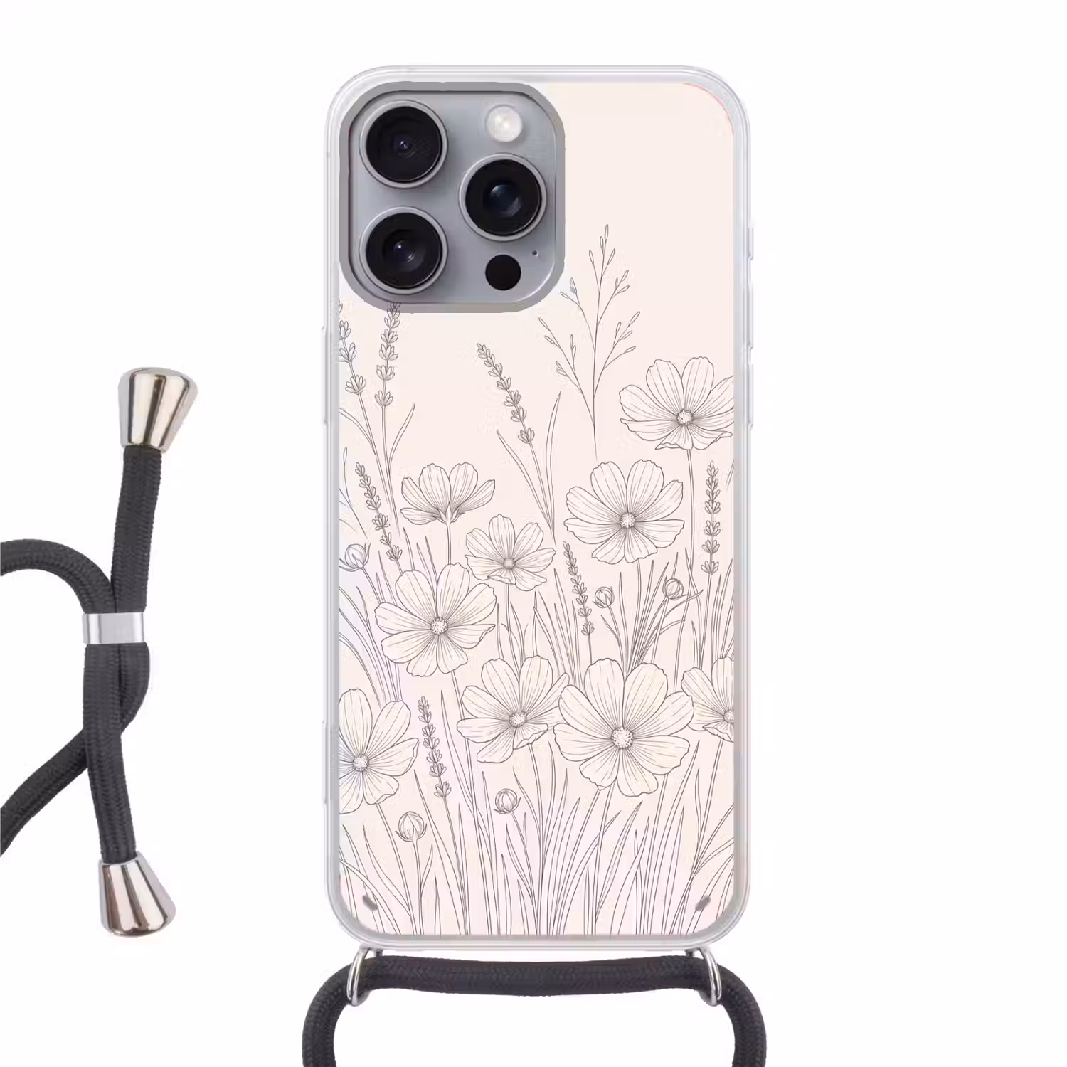 Minimalistisch - Modern - Bloemen - Beige Hoesje iPhone 16 Pro Max met koord klein -3d