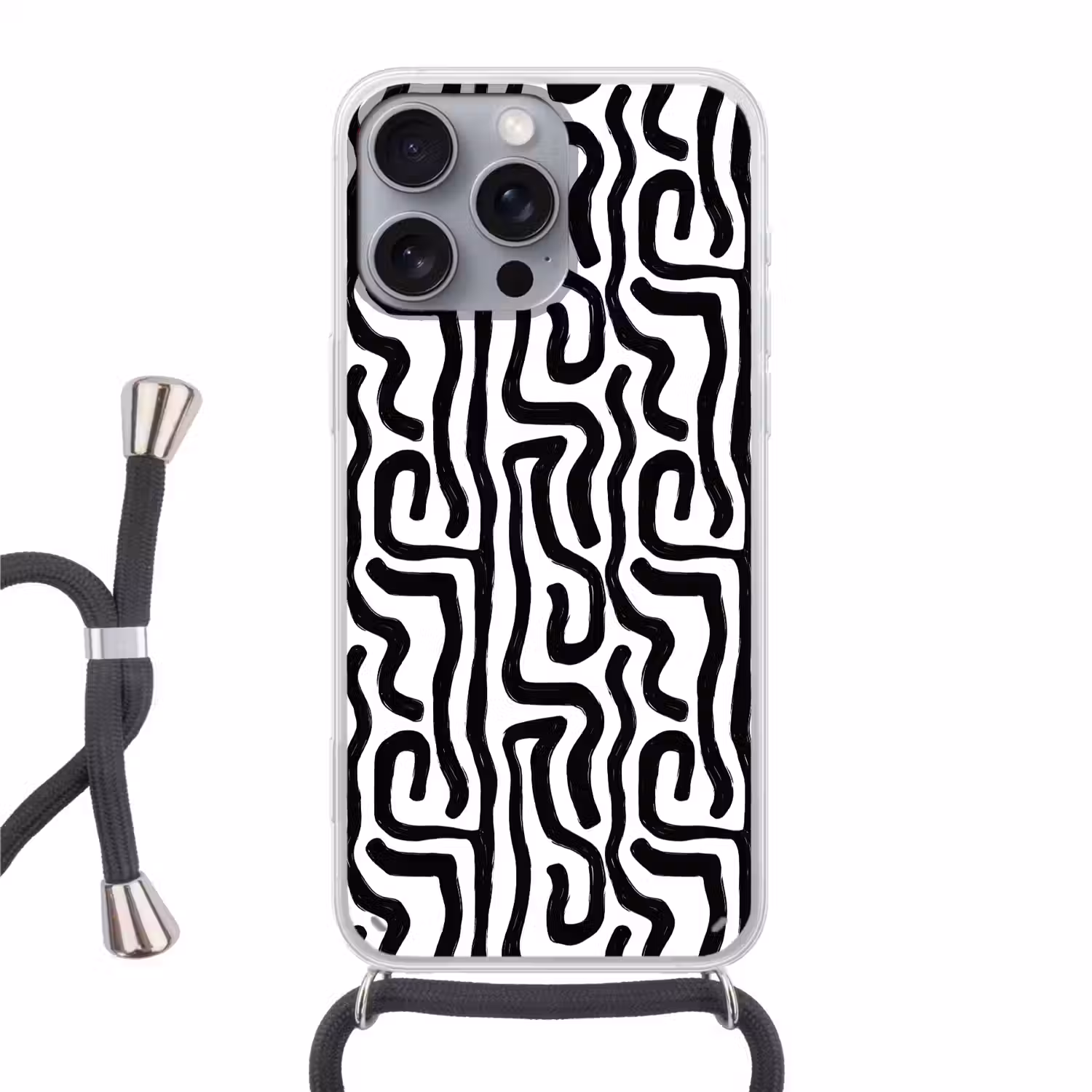 Modern - Lijnen - Zwart Hoesje iPhone 16 Pro Max met koord klein 804 -3d