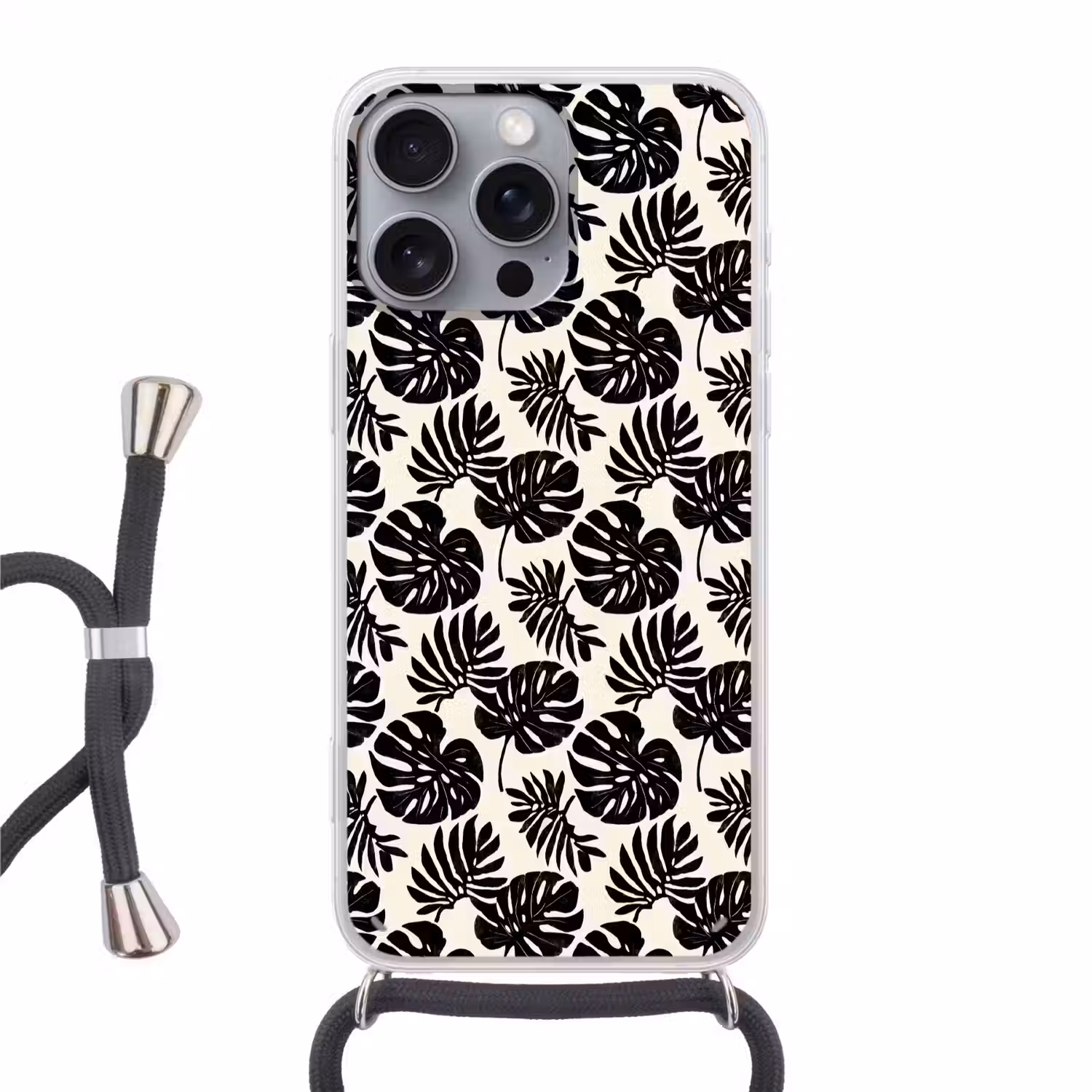 Modern - Monstera - Zwart Hoesje iPhone 16 Pro Max met koord klein 804 -3d