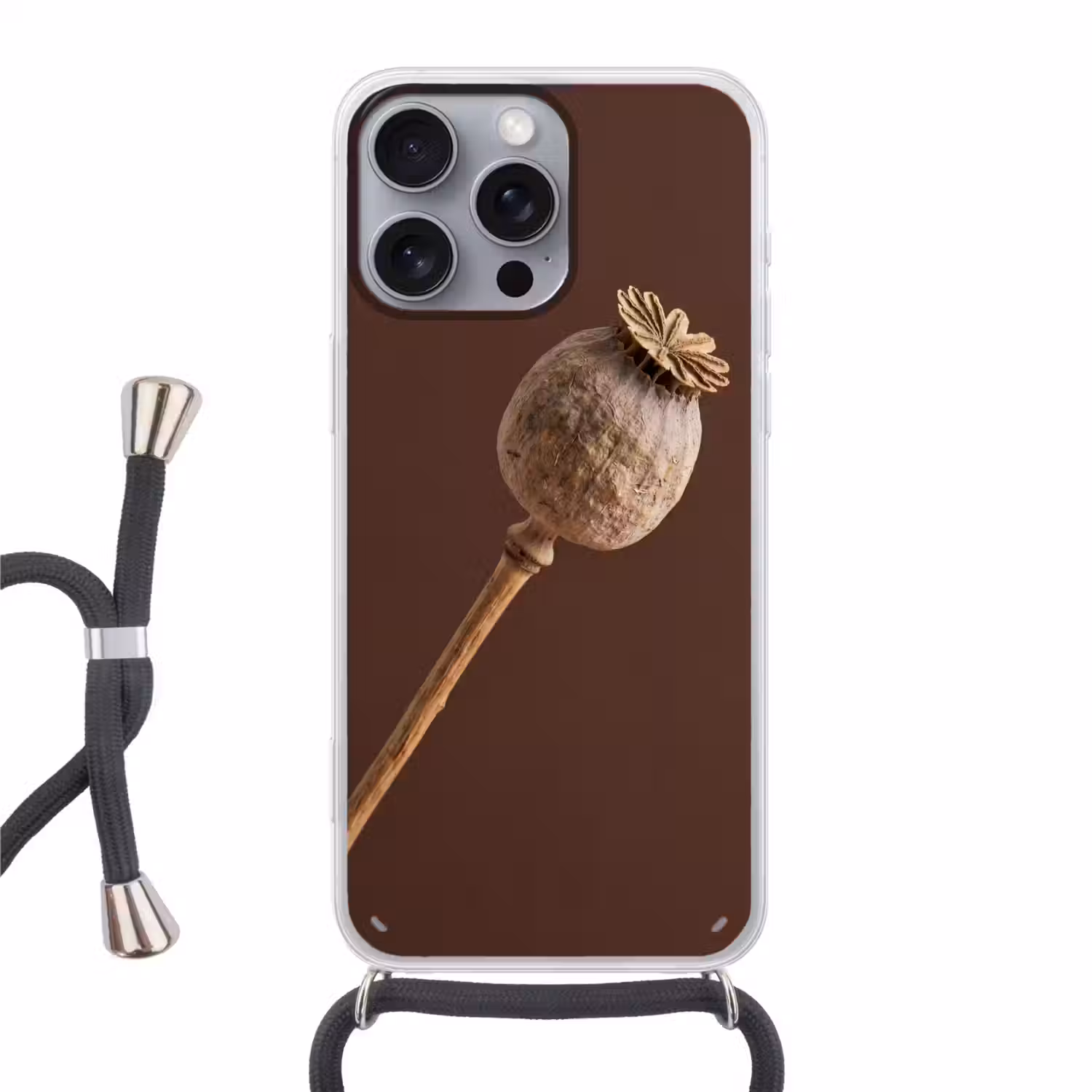 Papaverbol - Droogbloem - Bruin - Minimalistisch Hoesje iPhone 16 Pro Max met koord klein -3d