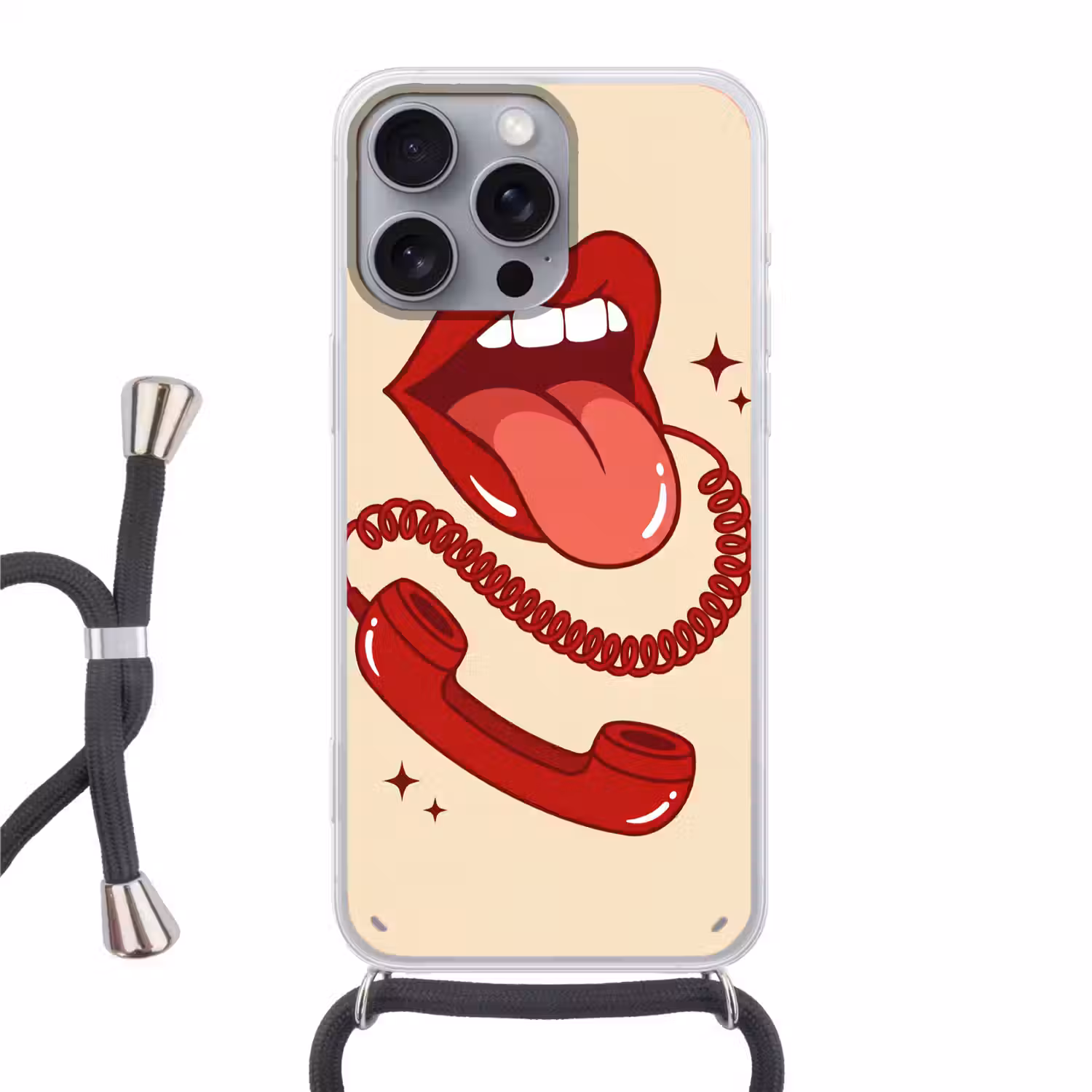 Mond - Telefoon - Popart - Rood - Illustratie Hoesje iPhone 16 Pro Max met koord klein -3d