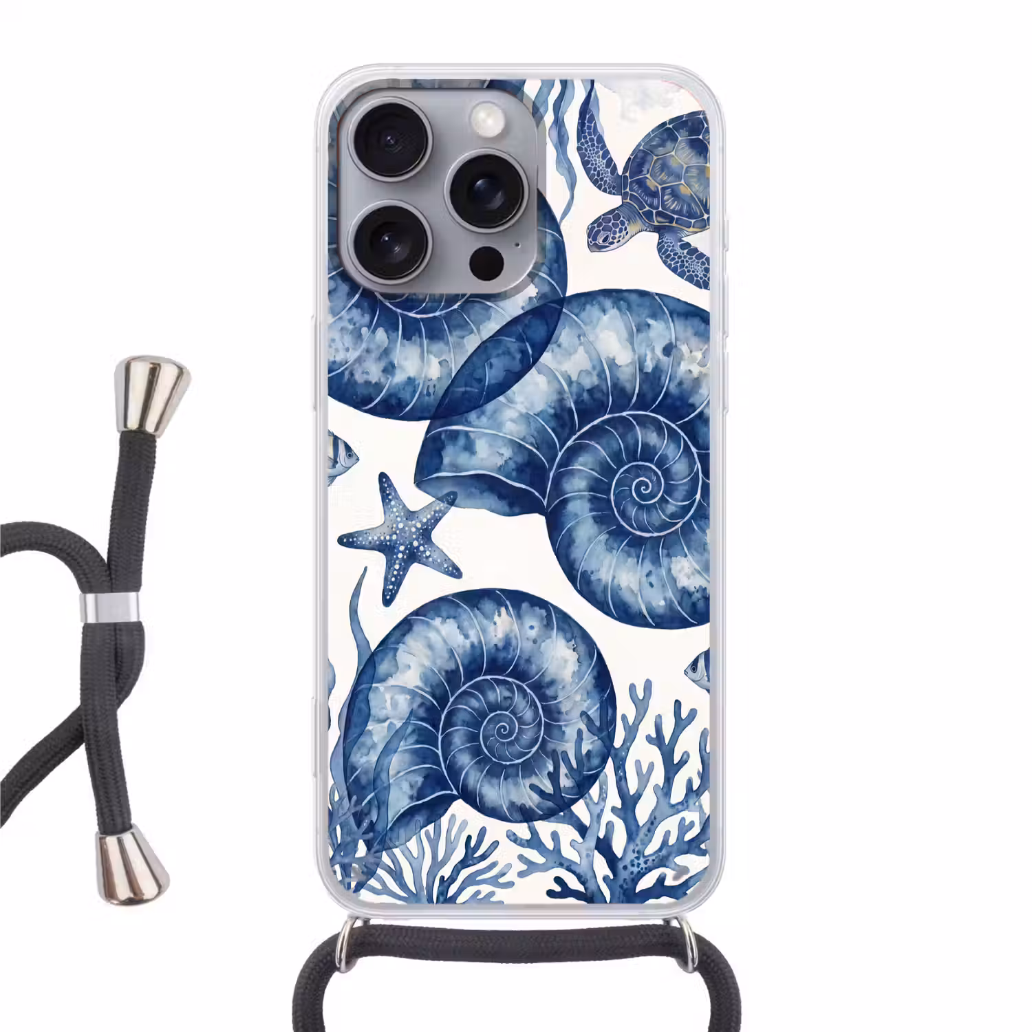 Schelp - Spiraal - Zeeleven - Aquarel - Blauw Hoesje iPhone 16 Pro Max met koord klein -3d
