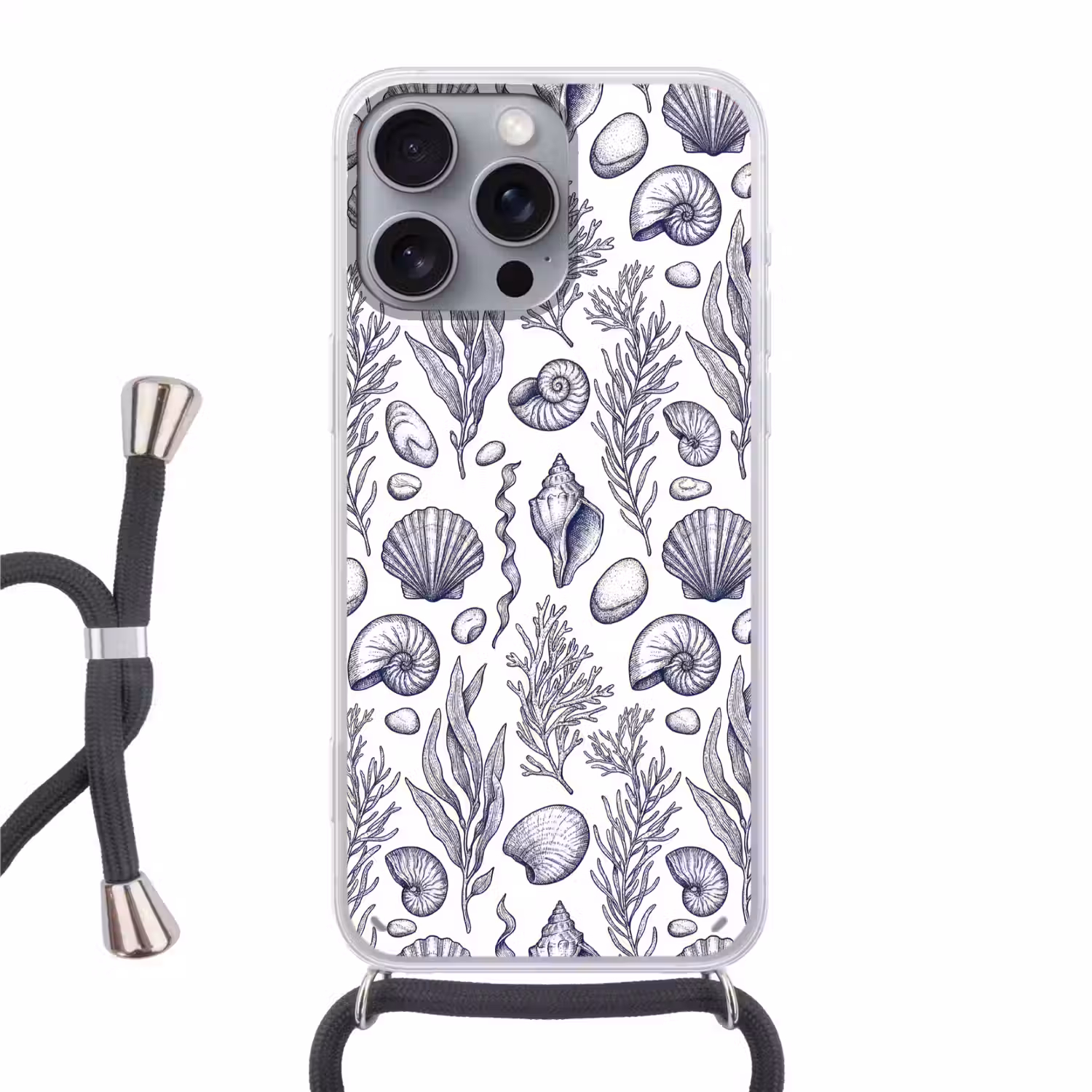 Schelpen - Zeewier - Oceaan - Illustratie - Blauw Hoesje iPhone 16 Pro Max met koord klein -3d
