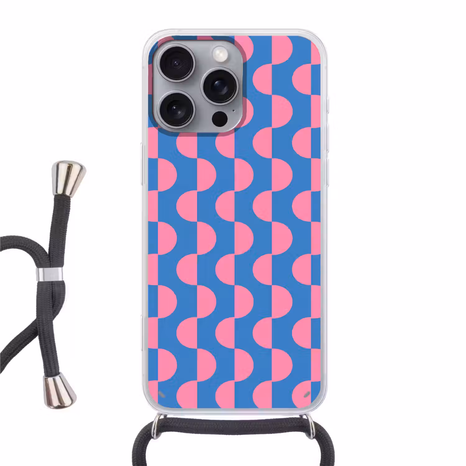 Patroon - Halve cirkels - Abstract - Modern - Roze - Blauw Hoesje iPhone 16 Pro Max met koord klein -3d