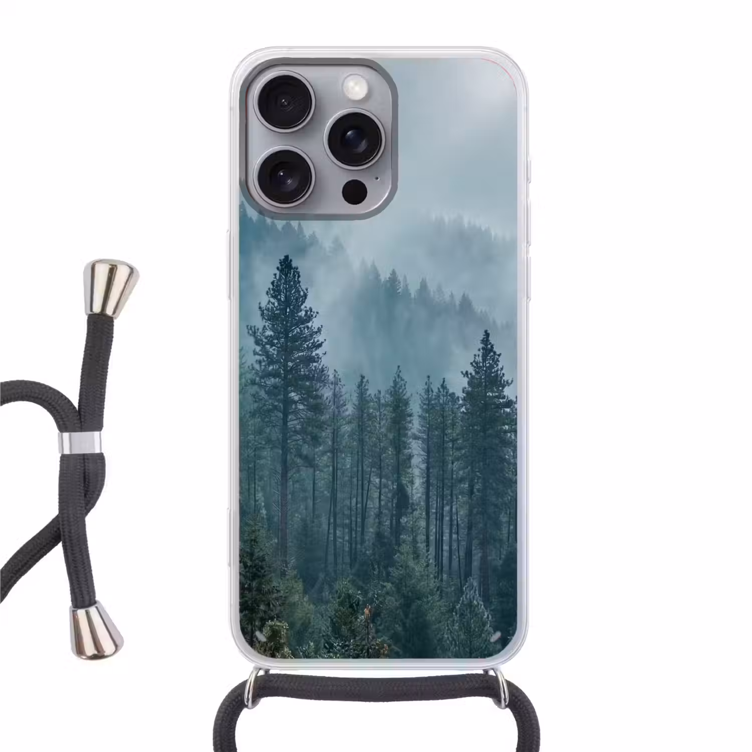 Naaldwoud - Bergen - Mist Hoesje iPhone 16 Pro Max met koord klein -3d