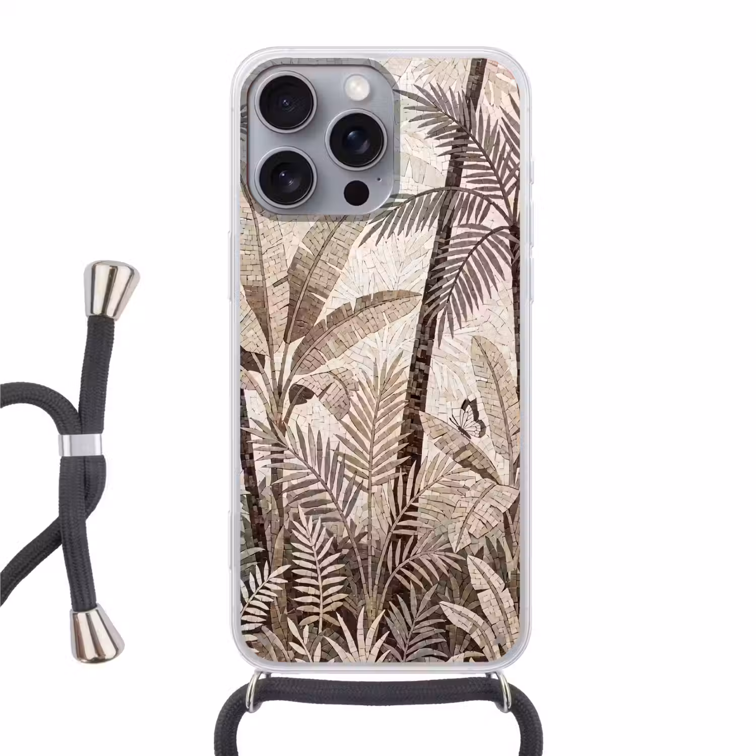 Natuur - Bladeren - Landschap - Mozaïek - Beige Hoesje iPhone 16 Pro Max met koord klein -3d