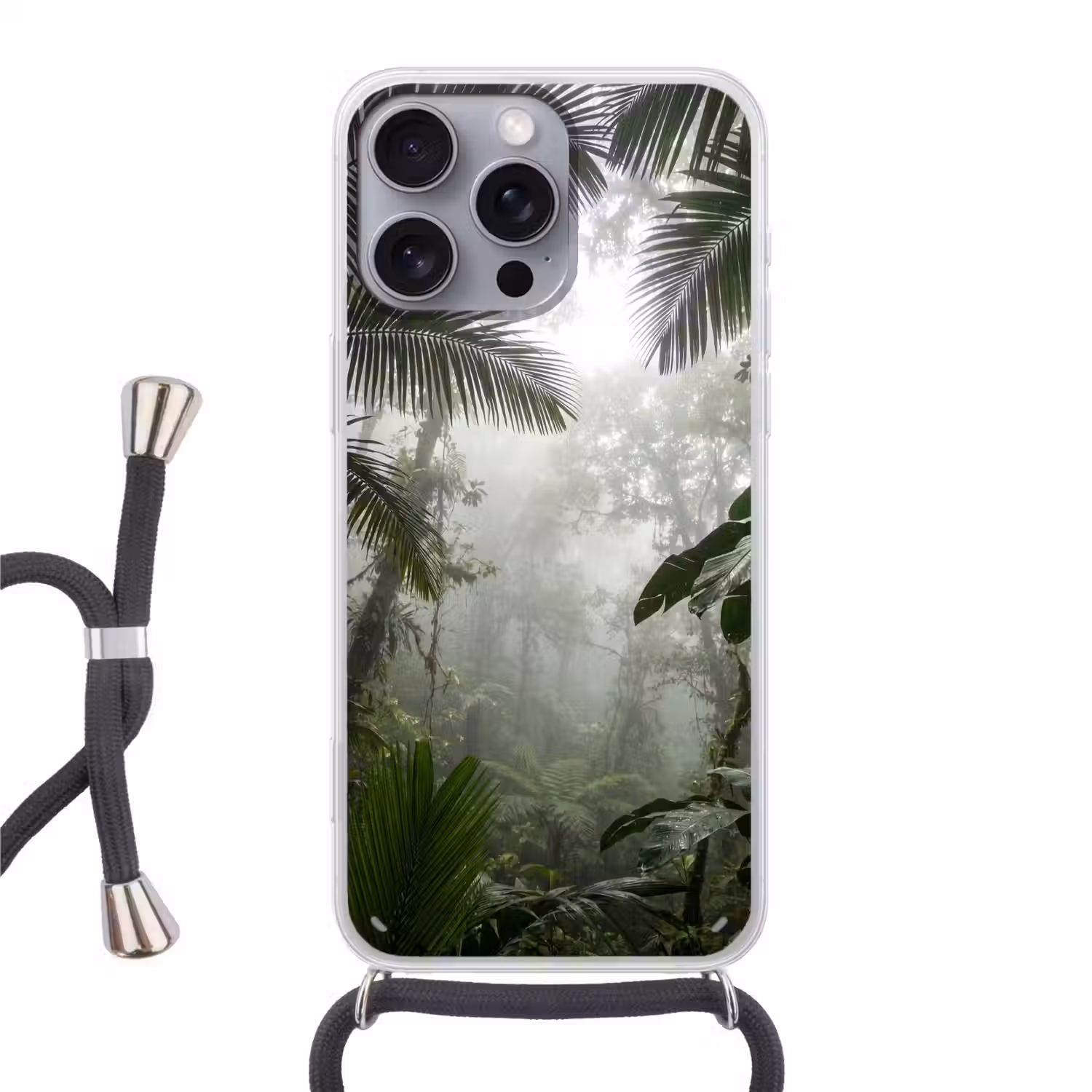 Natuur - Jungle - Mist - Groen - Bladeren Hoesje iPhone 16 Pro Max met koord klein -3d
