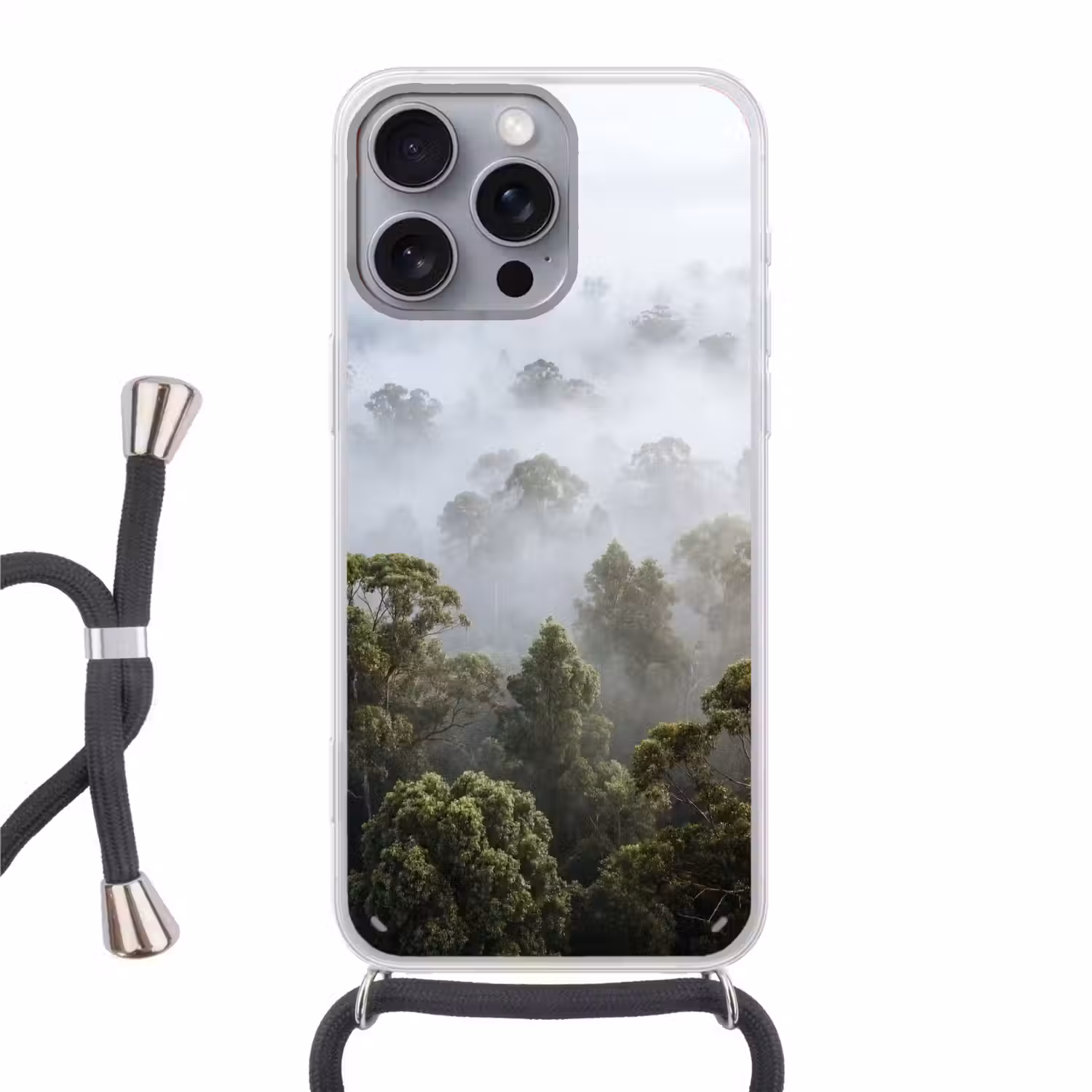 Natuur - Mist - Bos - Ochtend - Goud Hoesje iPhone 16 Pro Max met koord klein -3d