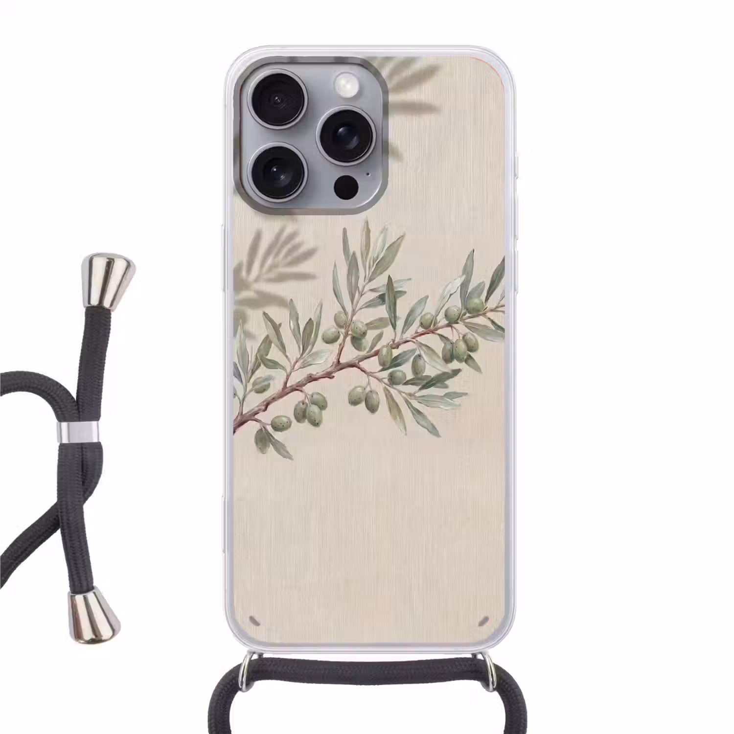 Olijftak - Bladeren - Natuur - Groen - Beige Hoesje iPhone 16 Pro Max met koord klein -3d