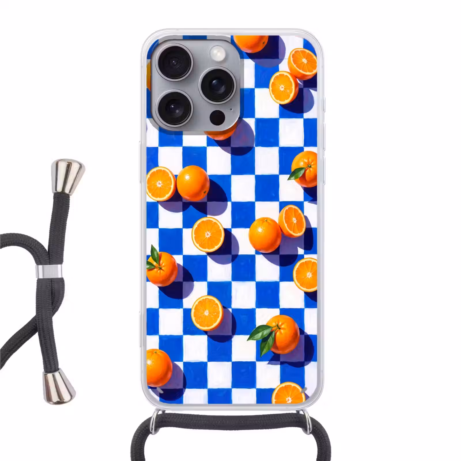 Handyhülle mit Band - Orange – Kariert – Essen - Sinaasappel - Geruit - Eten Hoesje iPhone 16 Pro Max met koord klein