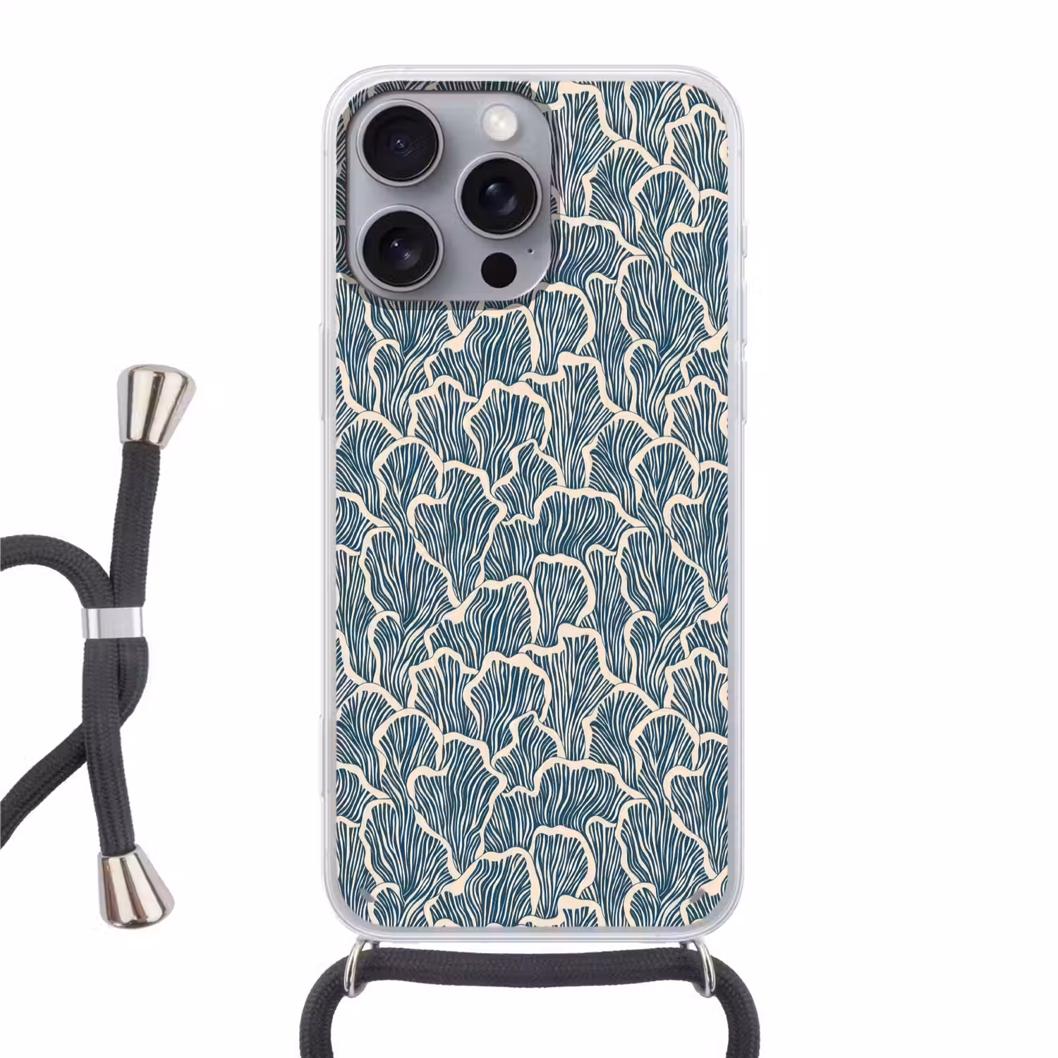 Organisch - Blauw - Crème - Schelpen Hoesje iPhone 16 Pro Max met koord klein 804 -3d