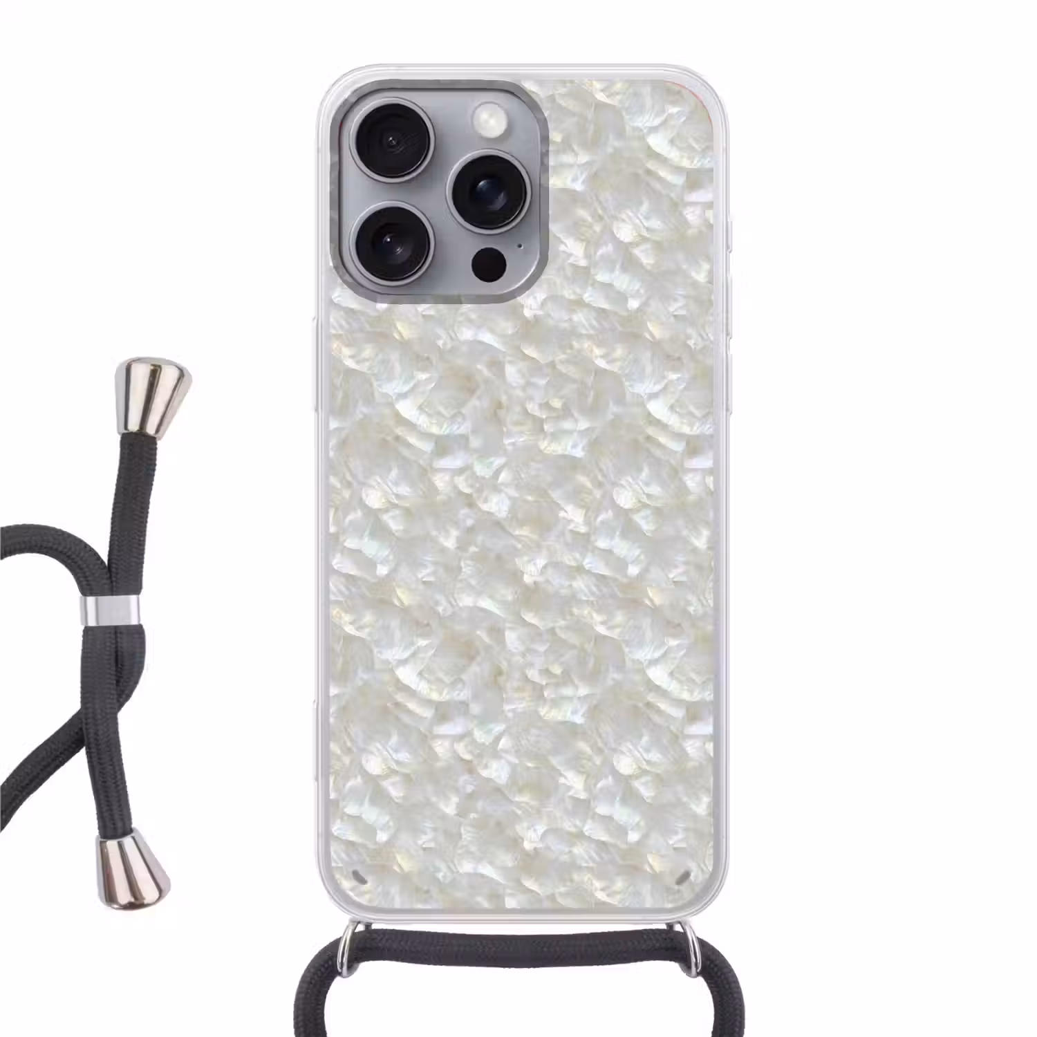 Parelmoerglans - Wit - Schelp Hoesje iPhone 16 Pro Max met koord klein 804 -3d