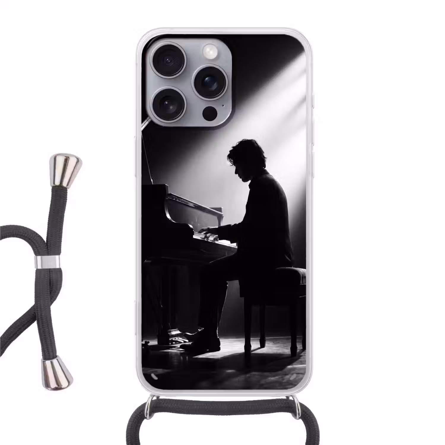 Persoon - Piano - Muziek - Zwart-wit - Podium Hoesje iPhone 16 Pro Max met koord klein -3d