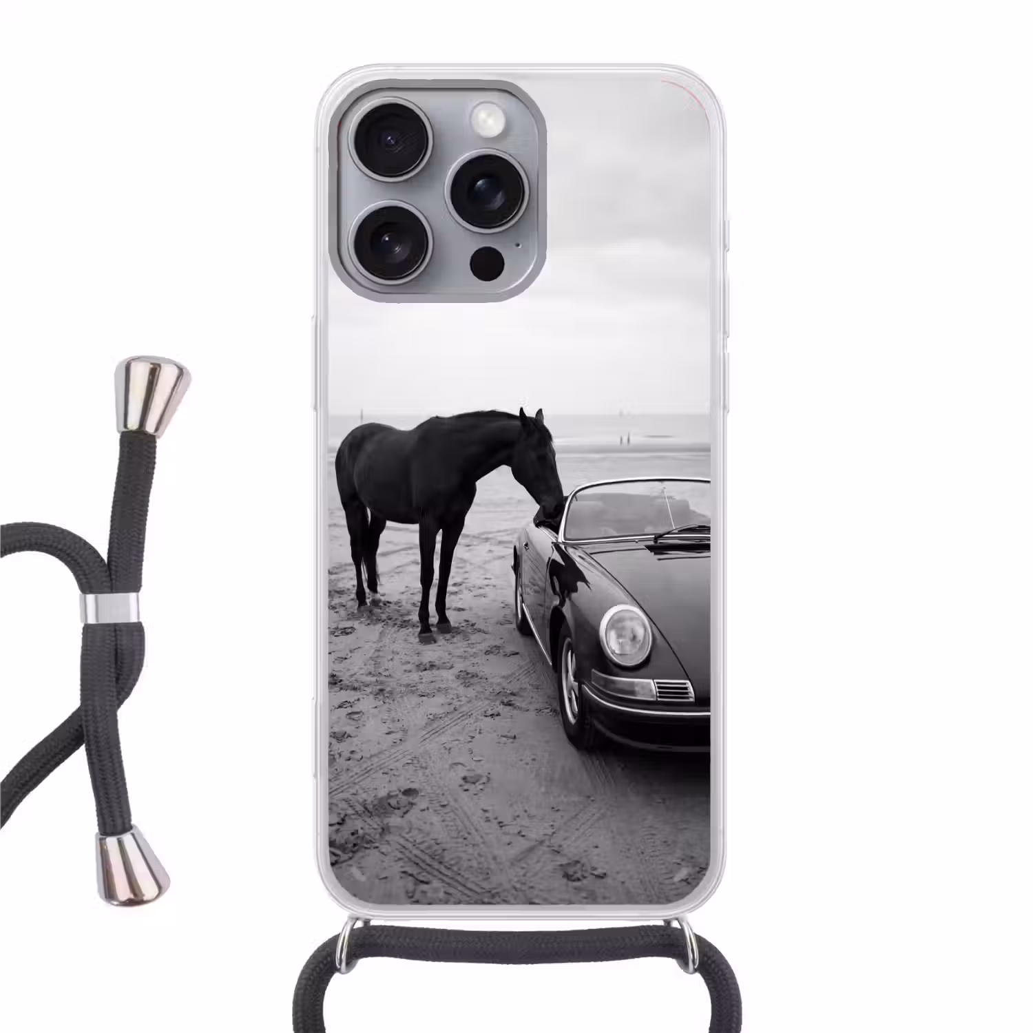 Paard - Auto - Zwart - Wit Hoesje iPhone 16 Pro Max met koord klein -3d