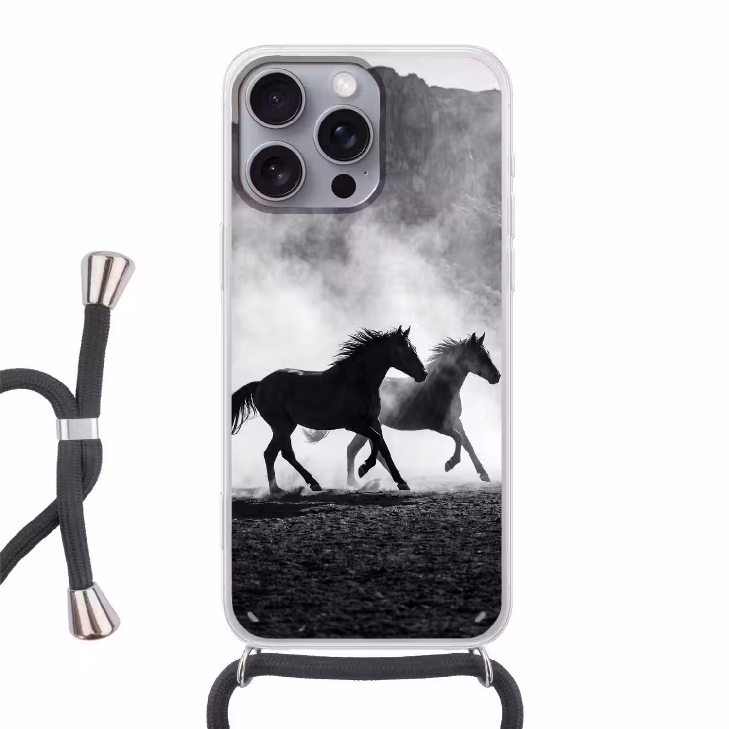 Paard - Ren - Stof - Zwart-wit - Dieren Hoesje iPhone 16 Pro Max met koord klein -3d