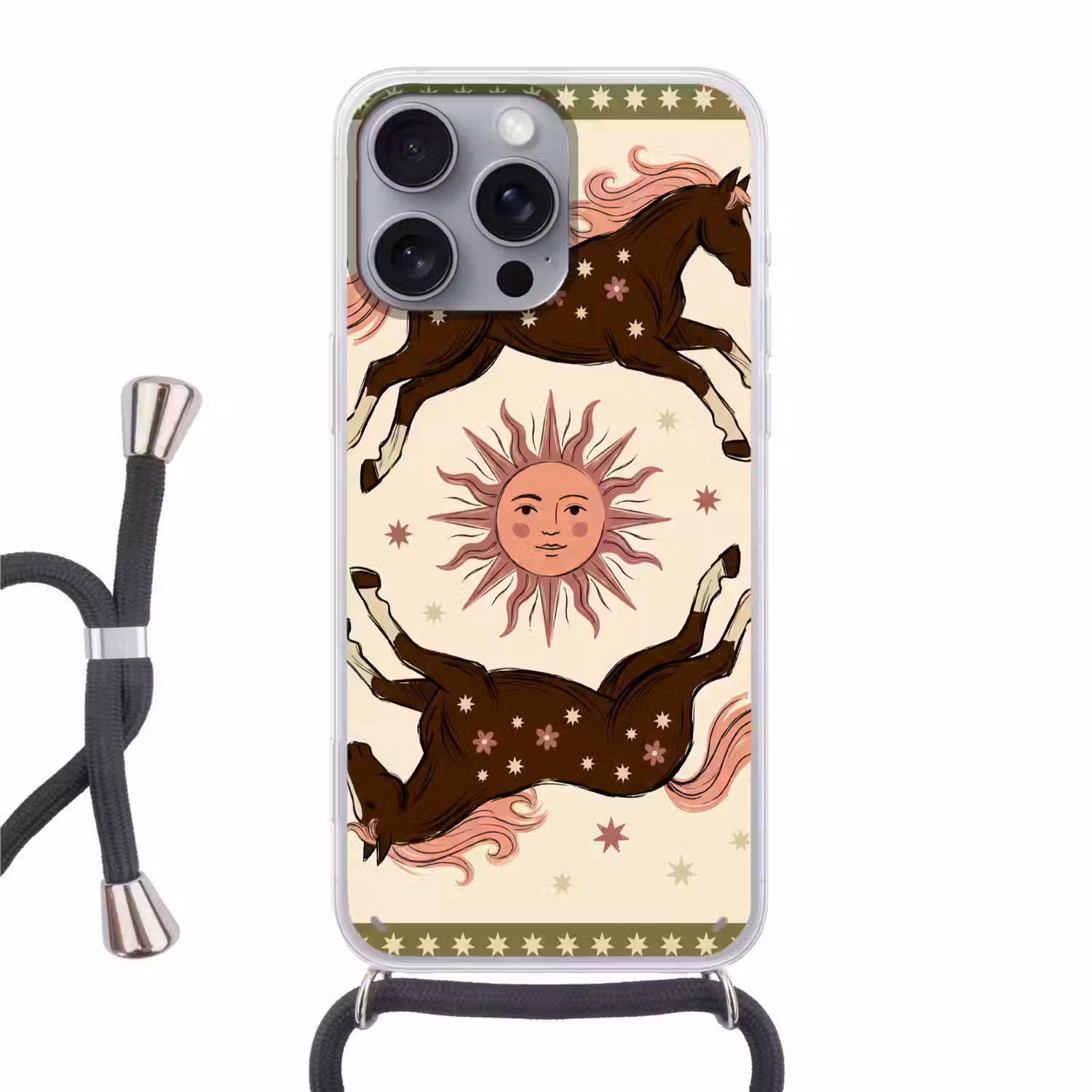 Paard - Zon - Mystiek - Illustratie - Roze Hoesje iPhone 16 Pro Max met koord klein -3d