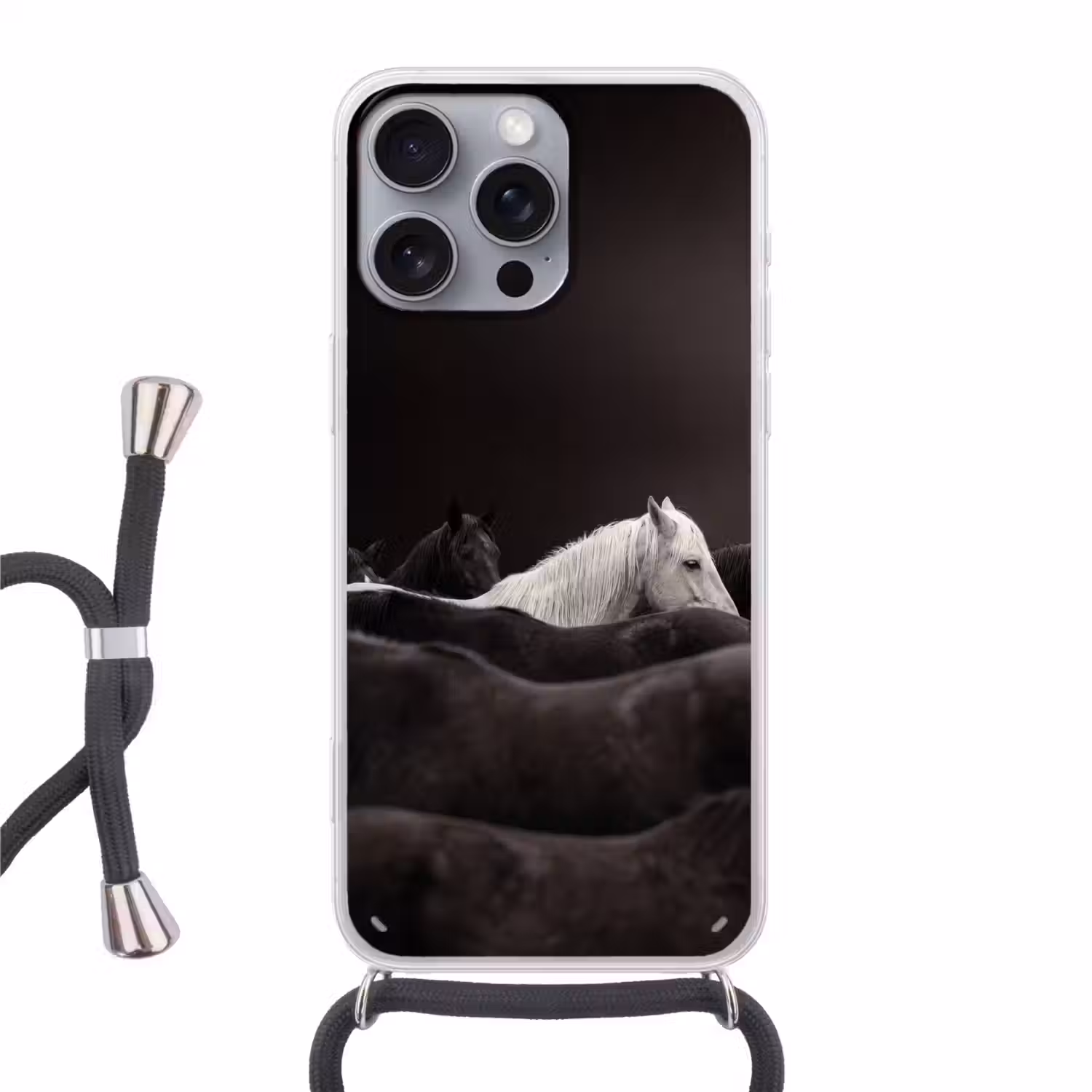 Paarden - Zwart - Wit - Kudde Hoesje iPhone 16 Pro Max met koord klein -3d