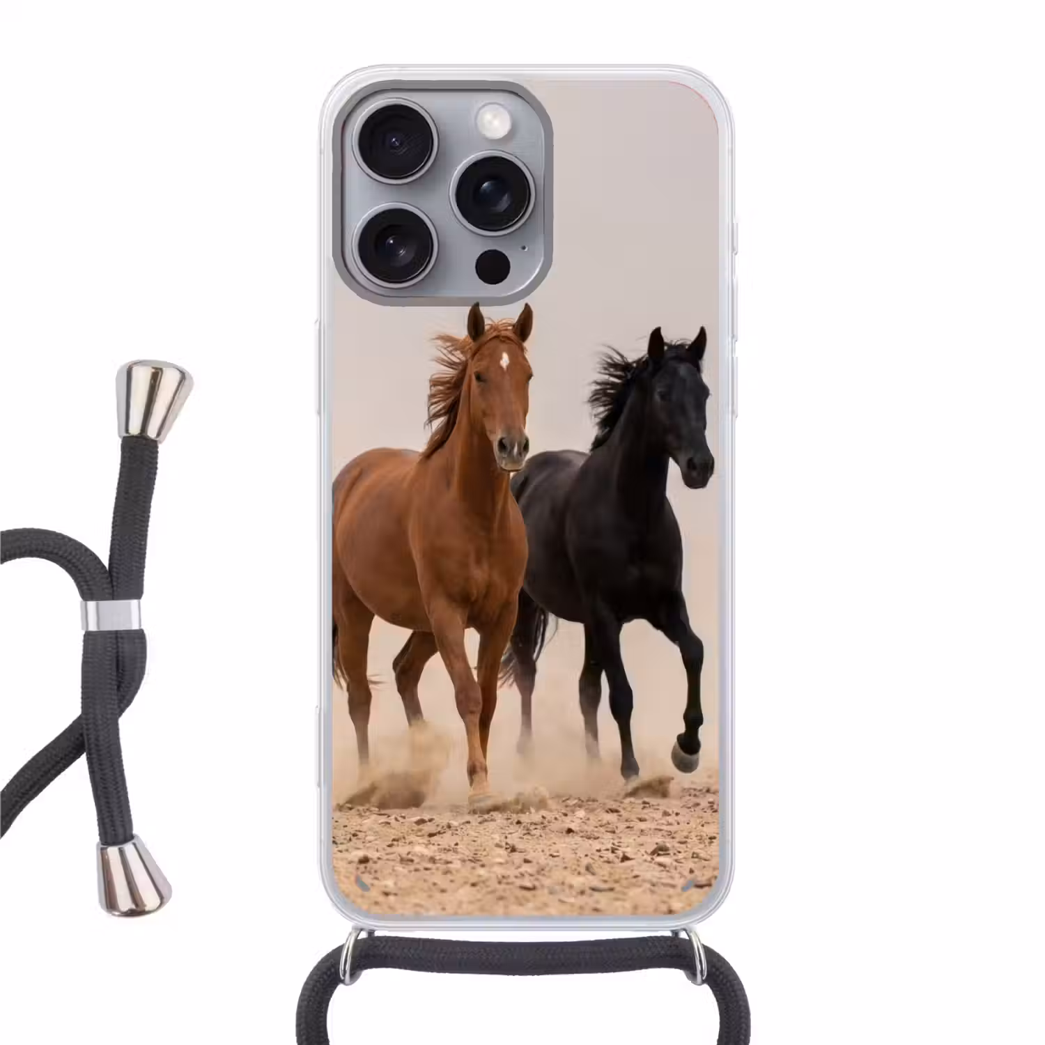Kudde paarden - Stofwolk - Bruin - Zwart Hoesje iPhone 16 Pro Max met koord klein -3d