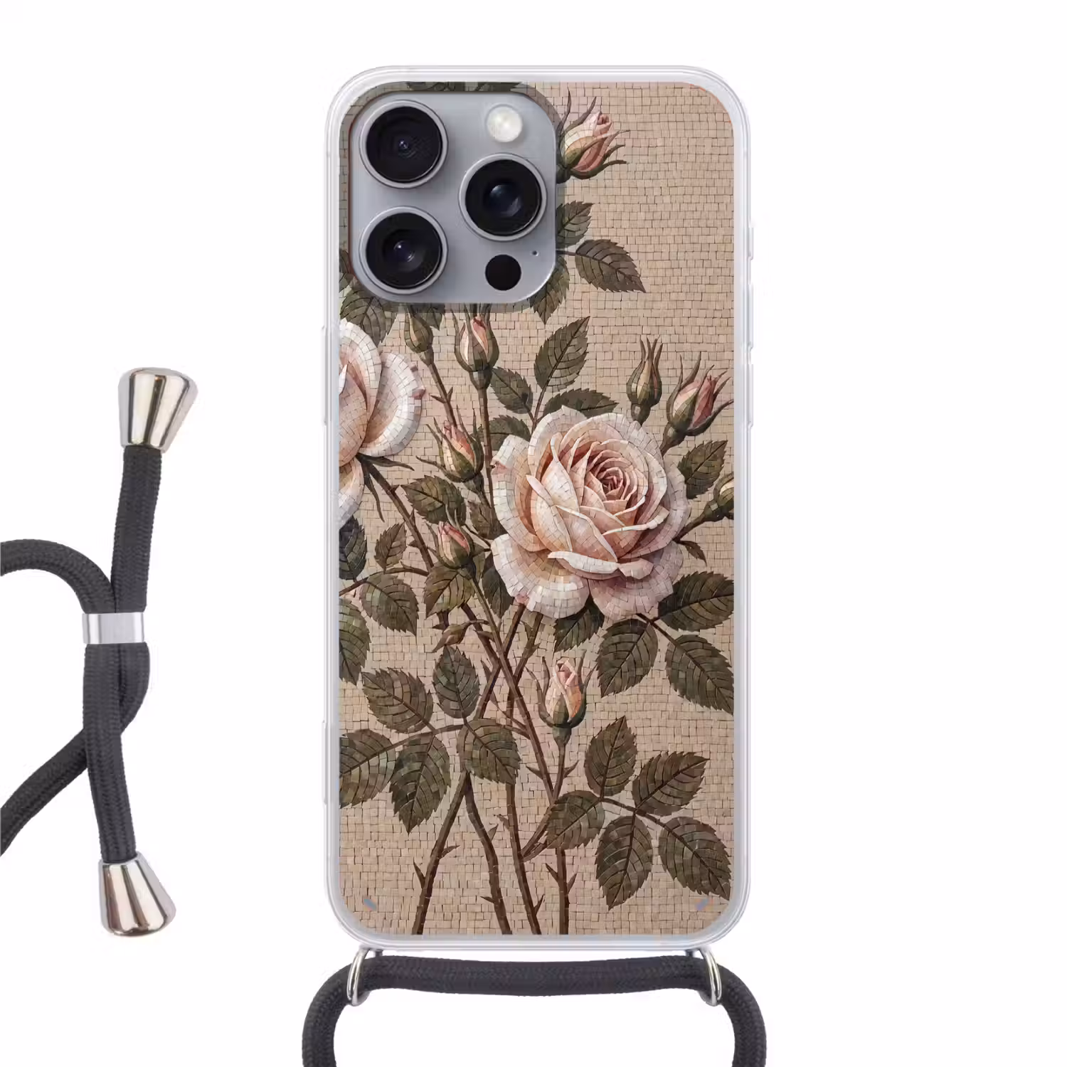 Roos - Mozaïek - Bloemen - Klassiek - Beige Hoesje iPhone 16 Pro Max met koord klein -3d