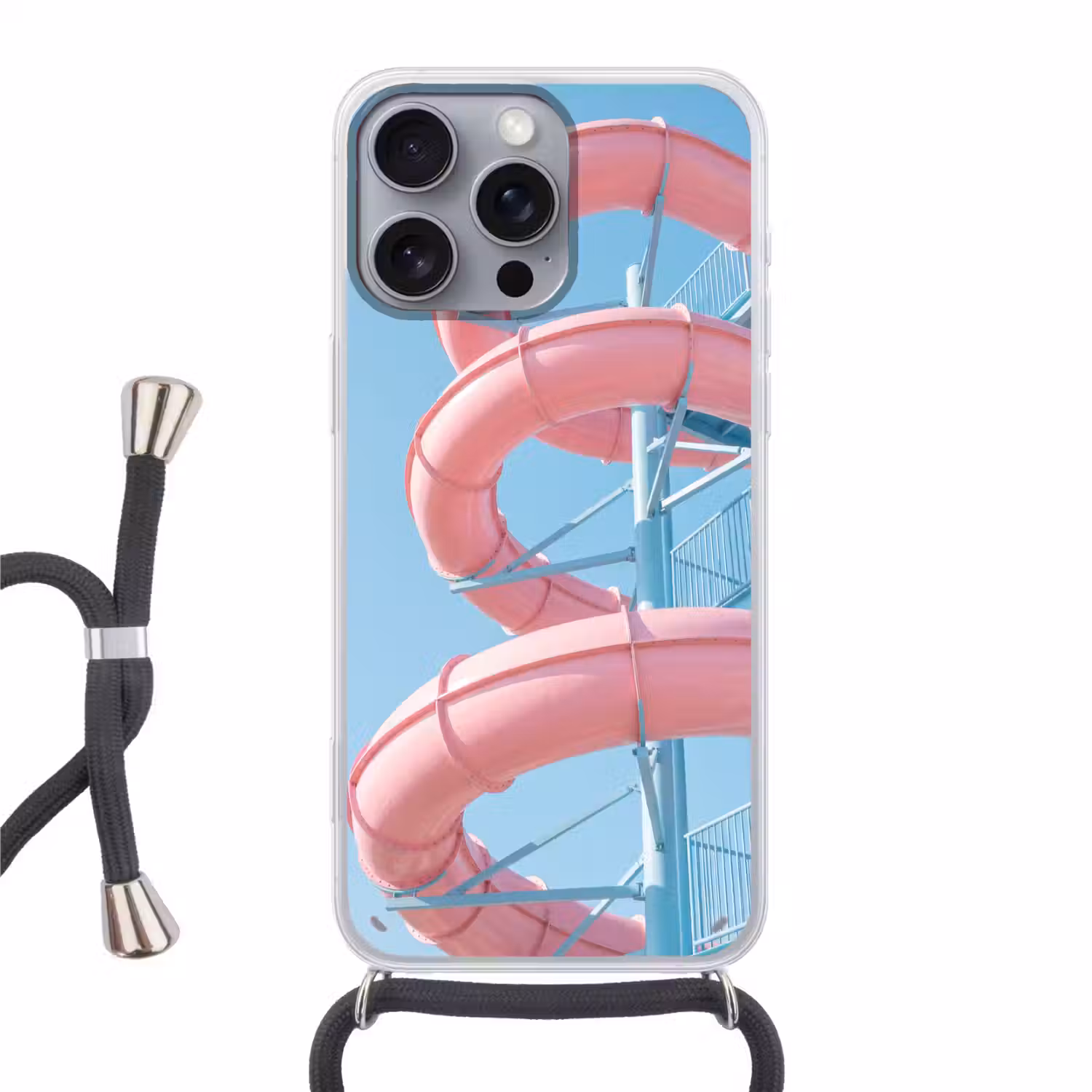 Glijbaan - Waterpark - Spiraal - Modern - Roze Hoesje iPhone 16 Pro Max met koord klein -3d