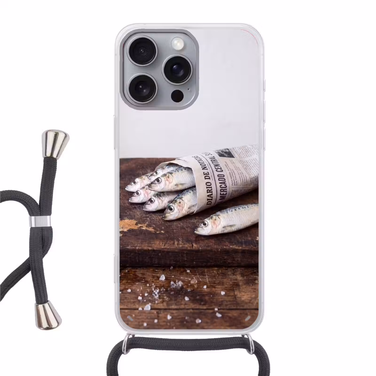 Handyhülle mit Band - Sardine – Zeitung – Schneidebrett - Sardientje - krant - snijplank Hoesje iPhone 16 Pro Max met koord klein