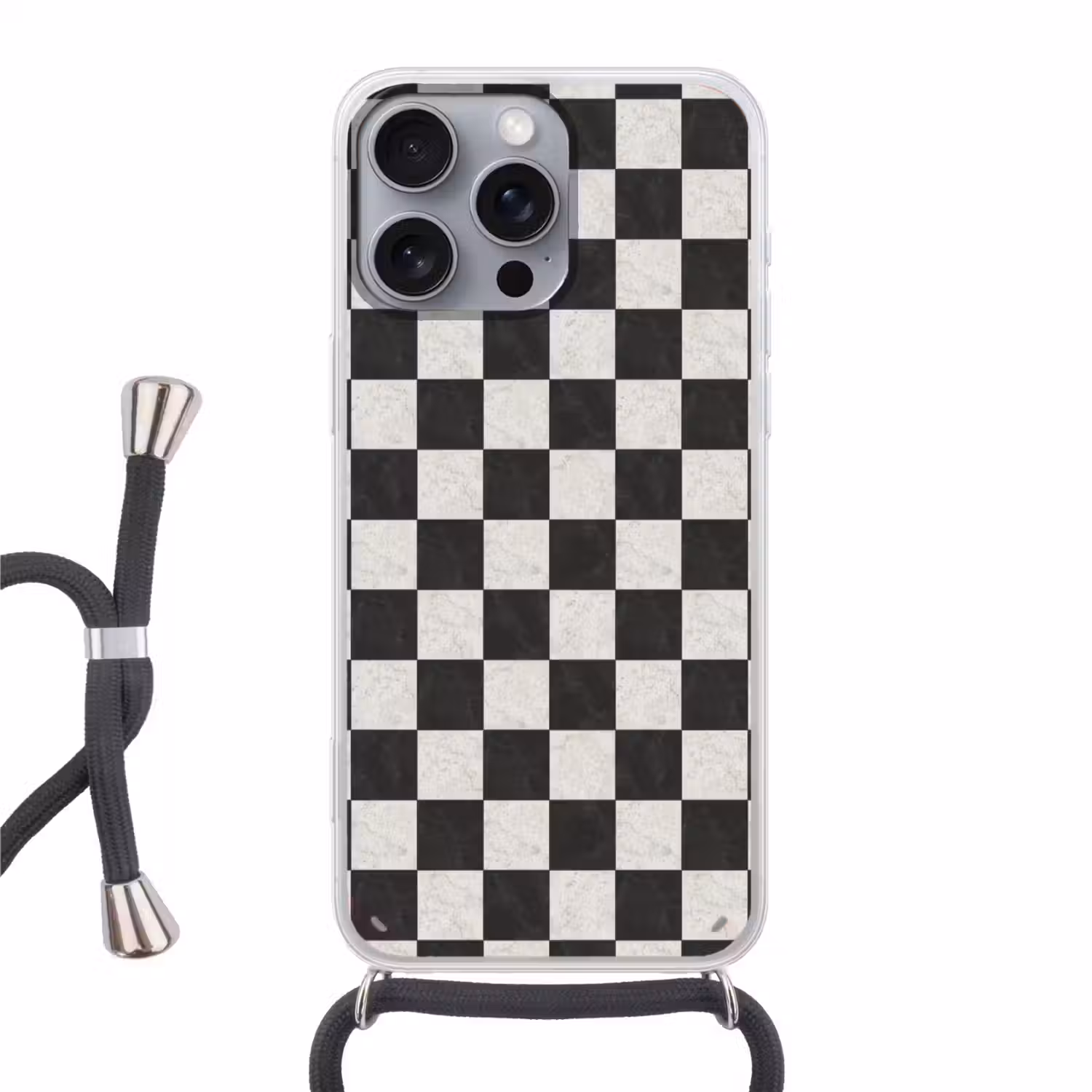 Dambord - Marmer - Zwart - Wit Hoesje iPhone 16 Pro Max met koord klein 804 -3d