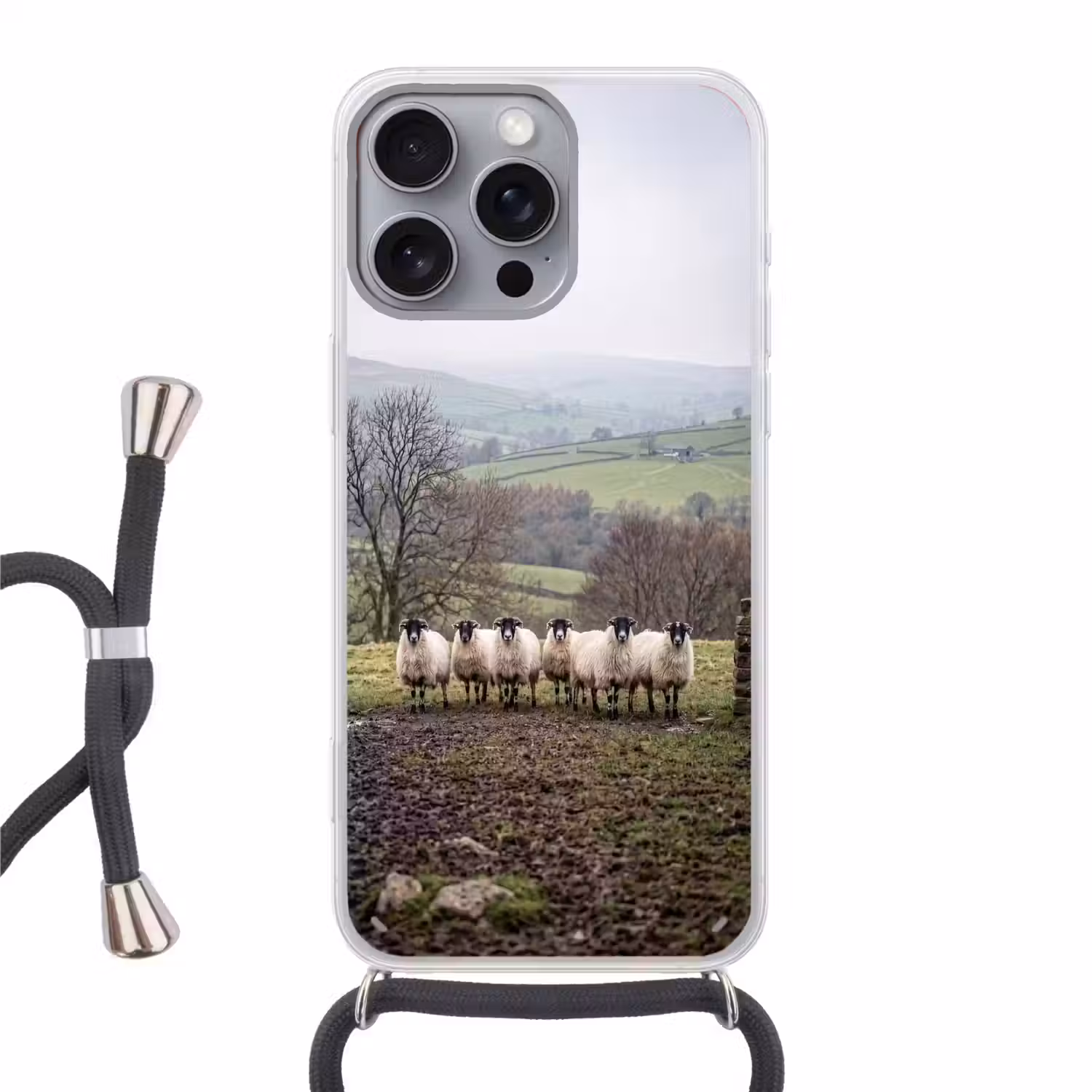 Schapen - Rij - Weide - Dieren - Platteland Hoesje iPhone 16 Pro Max met koord klein -3d