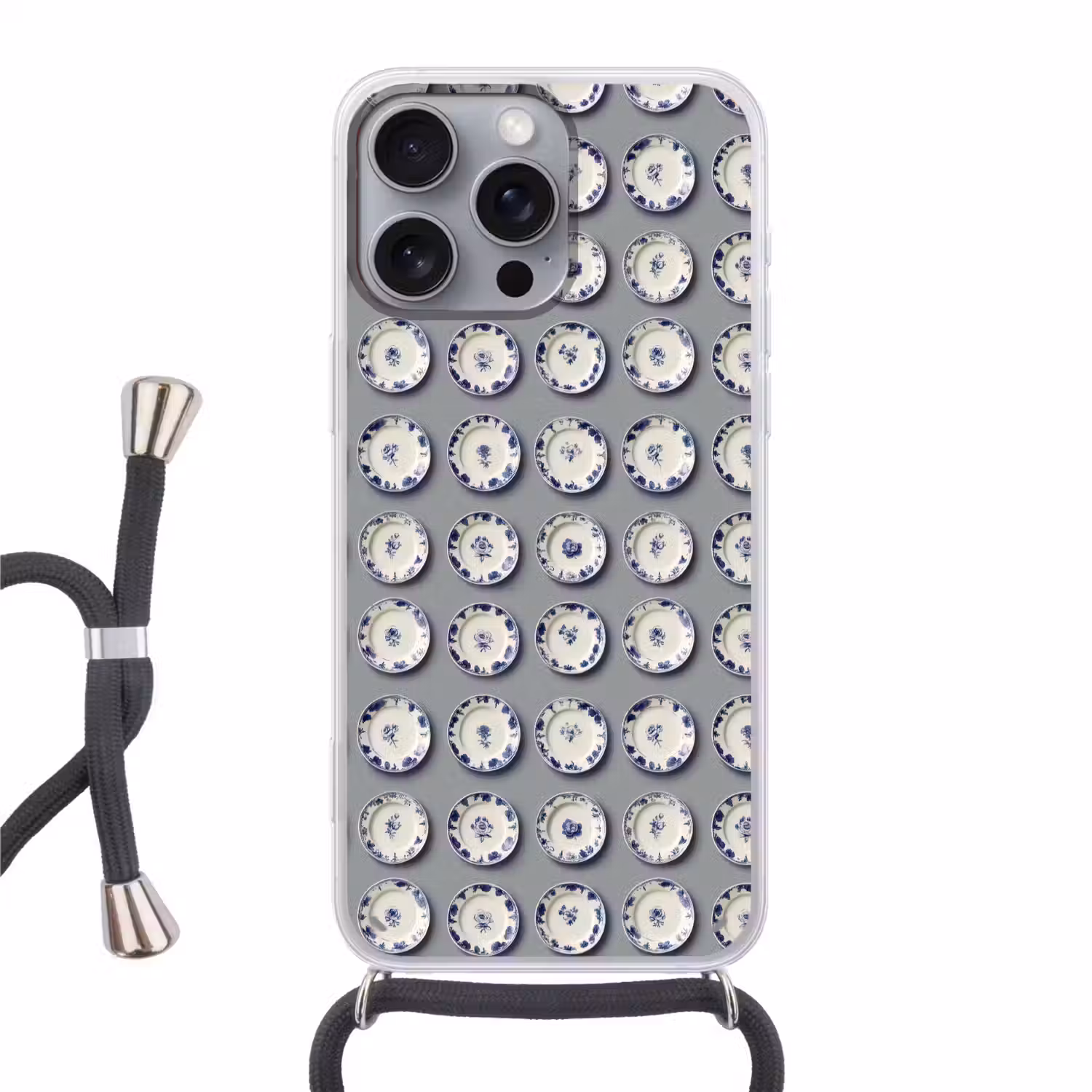 Borden - Bloemen - Blauw - Wit Hoesje iPhone 16 Pro Max met koord klein 804 -3d