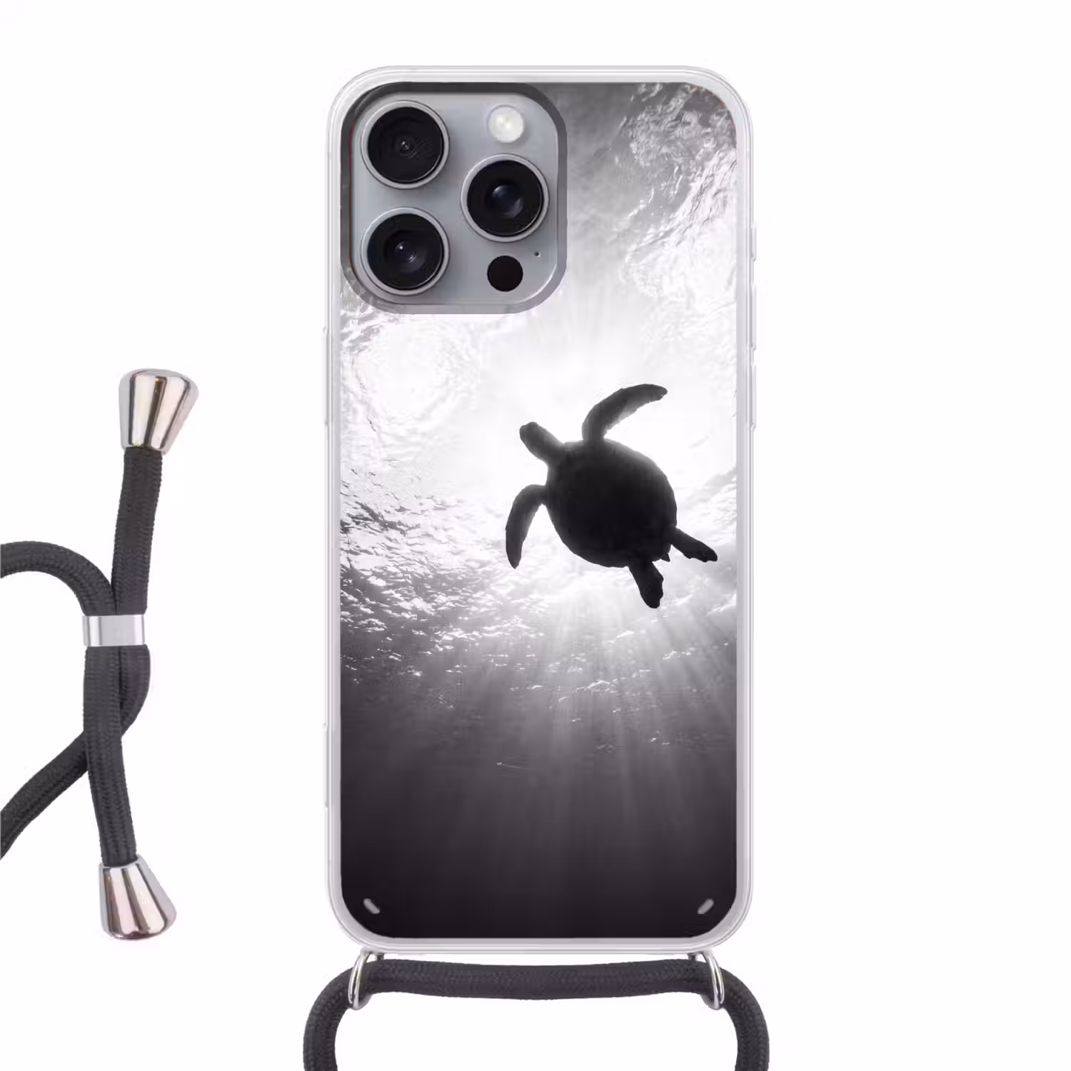 Schildpad - Onderwater - Lichtstralen - Oceaan - Zwart-wit Hoesje iPhone 16 Pro Max met koord klein -3d