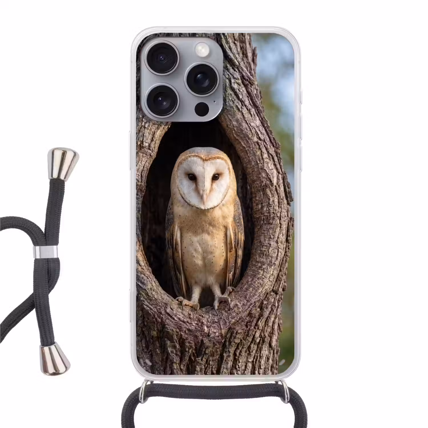 Kerkuil - Boom - Natuur - Bruin Hoesje iPhone 16 Pro Max met koord klein -3d