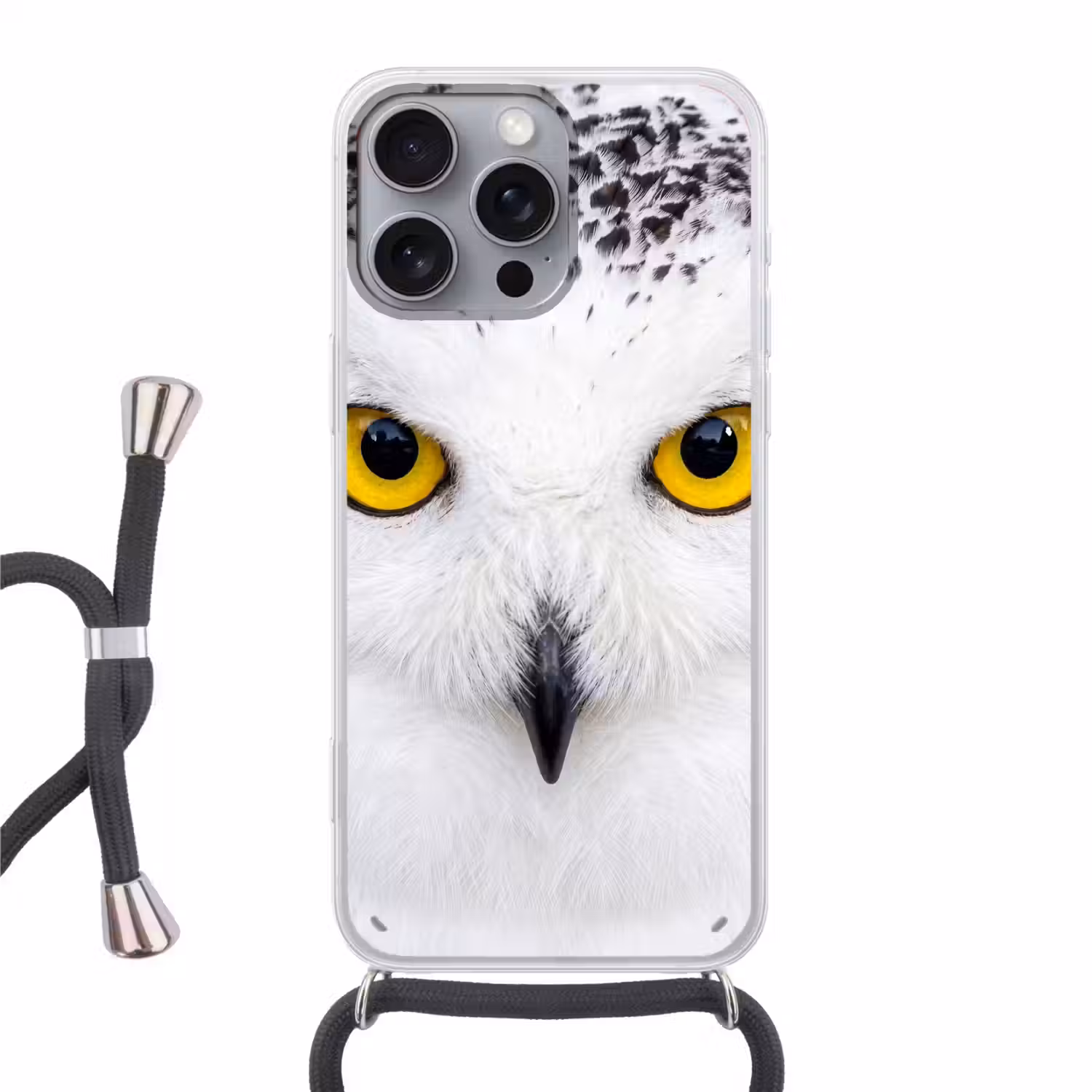 Sneeuwuil - Portret - Geel Hoesje iPhone 16 Pro Max met koord klein -3d
