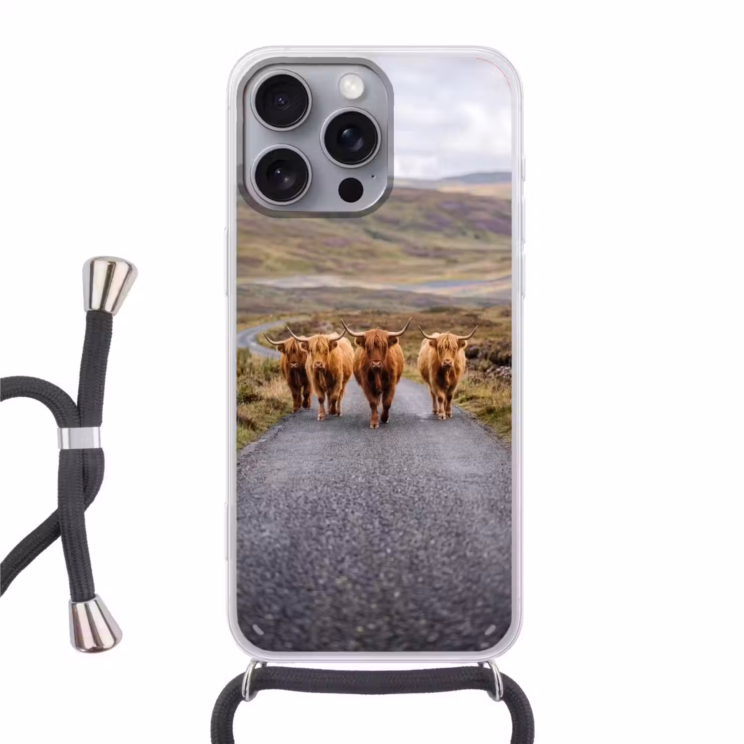 Schotse Hooglanders - Weg - Landschap - Kudde Hoesje iPhone 16 Pro Max met koord klein -3d