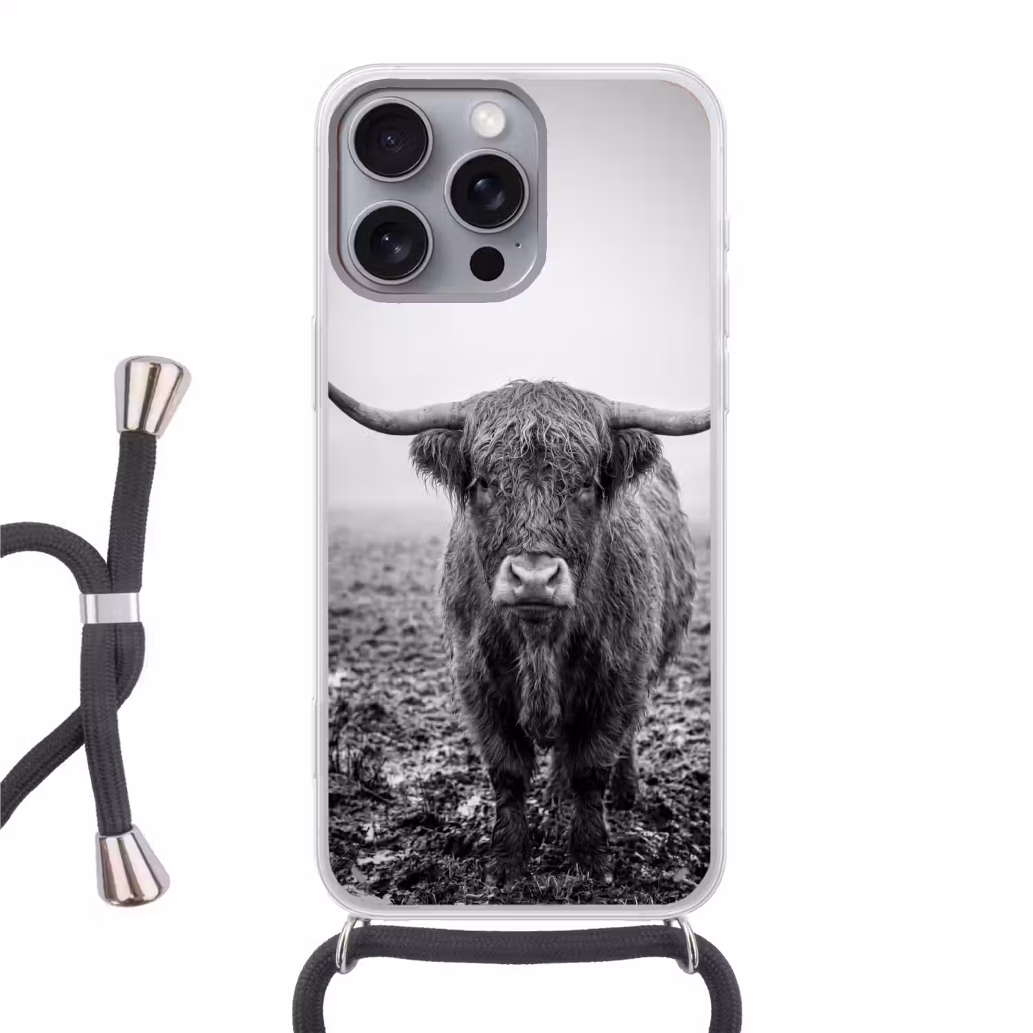 Schotse hooglander - Zwart - Wit - Gras Hoesje iPhone 16 Pro Max met koord klein -3d