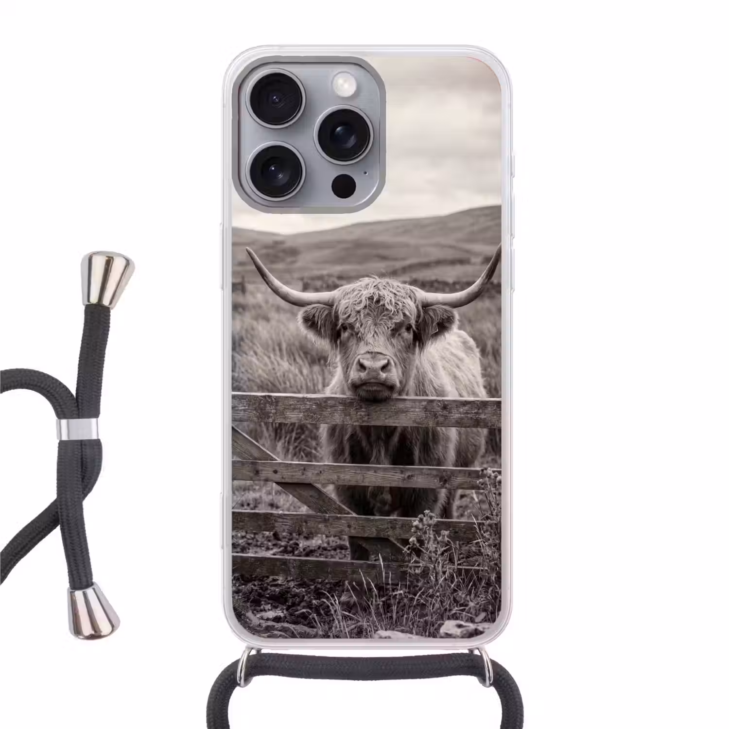 Schotse hooglander - Zwart - Wit - Hout Hoesje iPhone 16 Pro Max met koord klein -3d