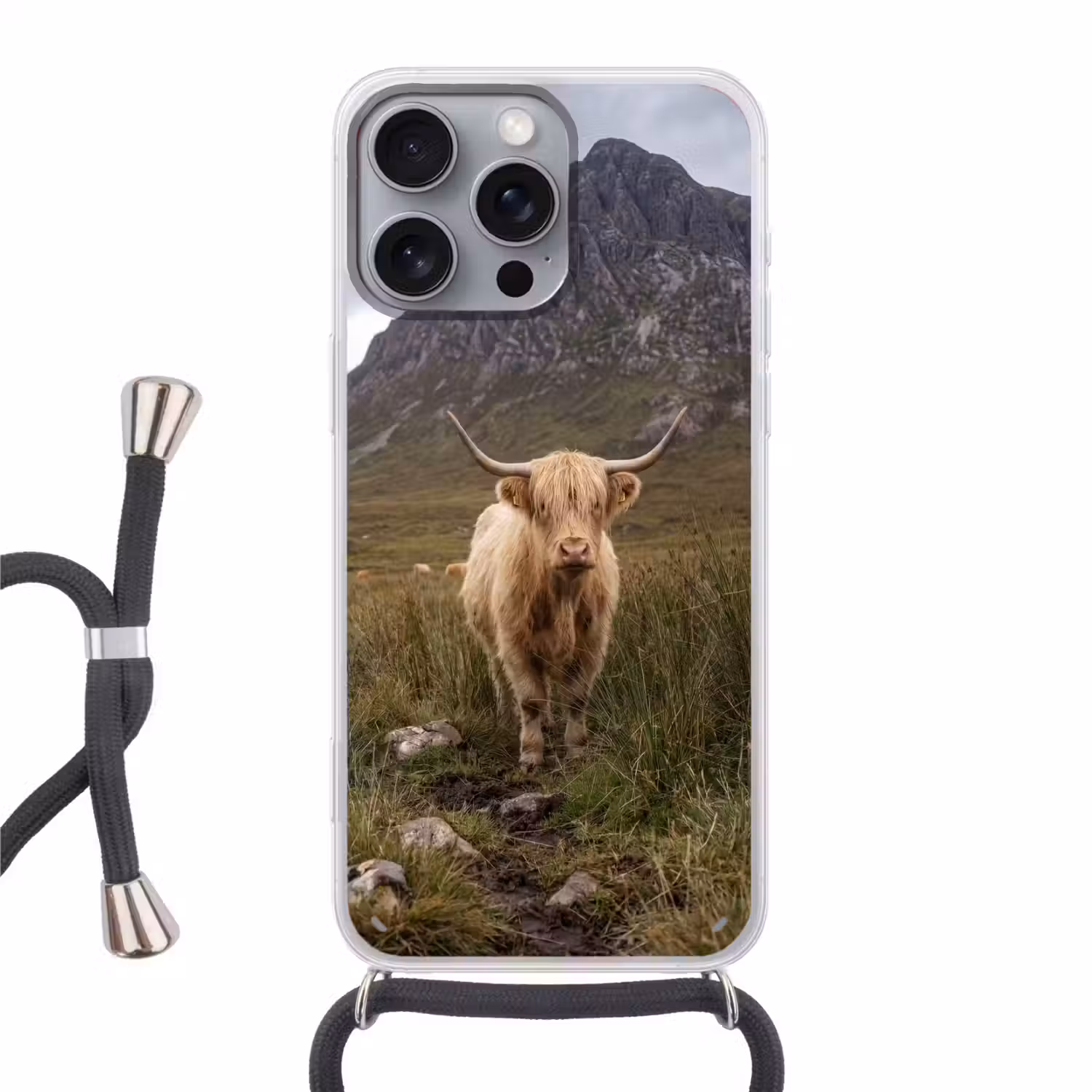 Schotse hooglander - Bergen - Grasveld Hoesje iPhone 16 Pro Max met koord klein -3d