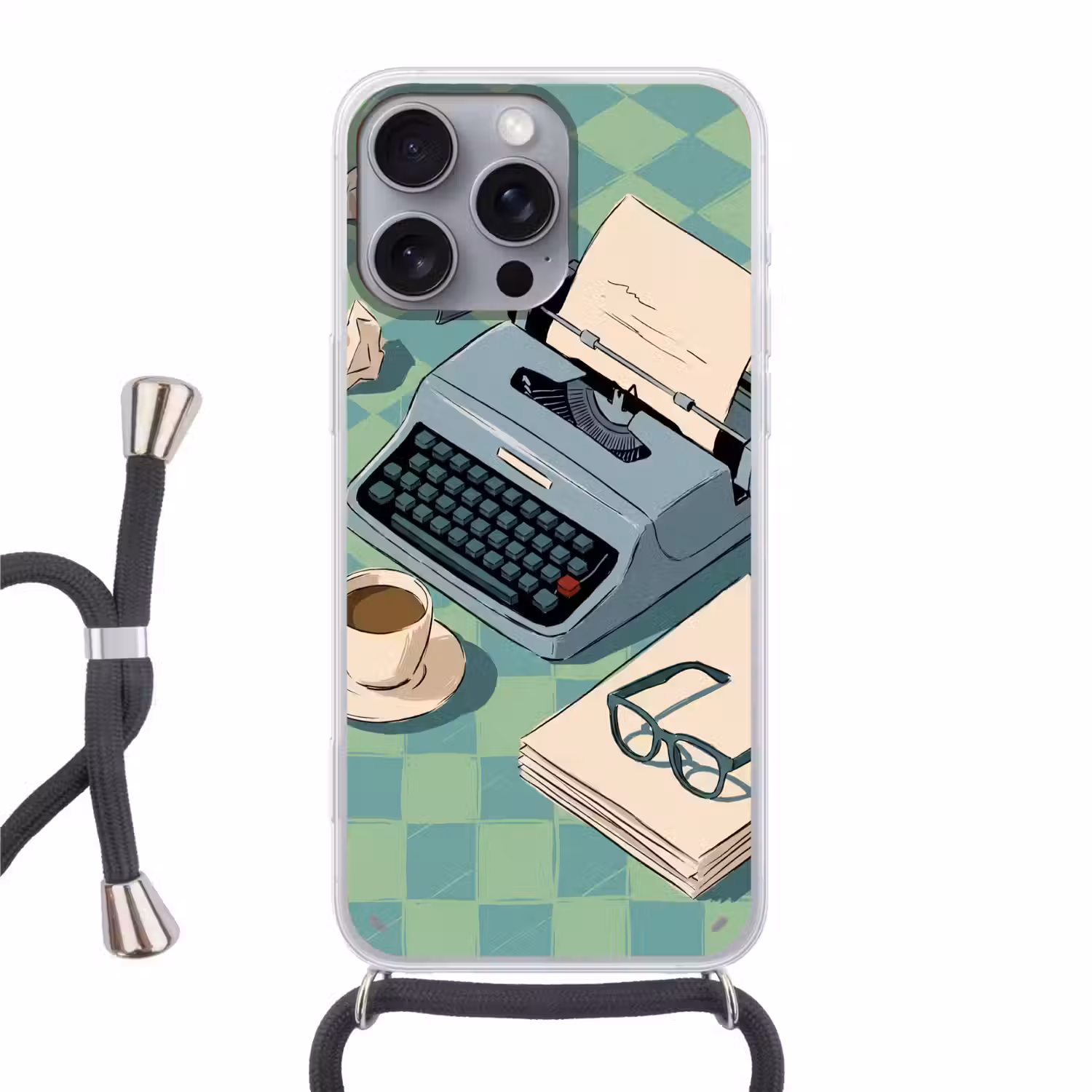 Typemachine - Kantoor - Vintage - Illustratie - Groen Hoesje iPhone 16 Pro Max met koord klein -3d
