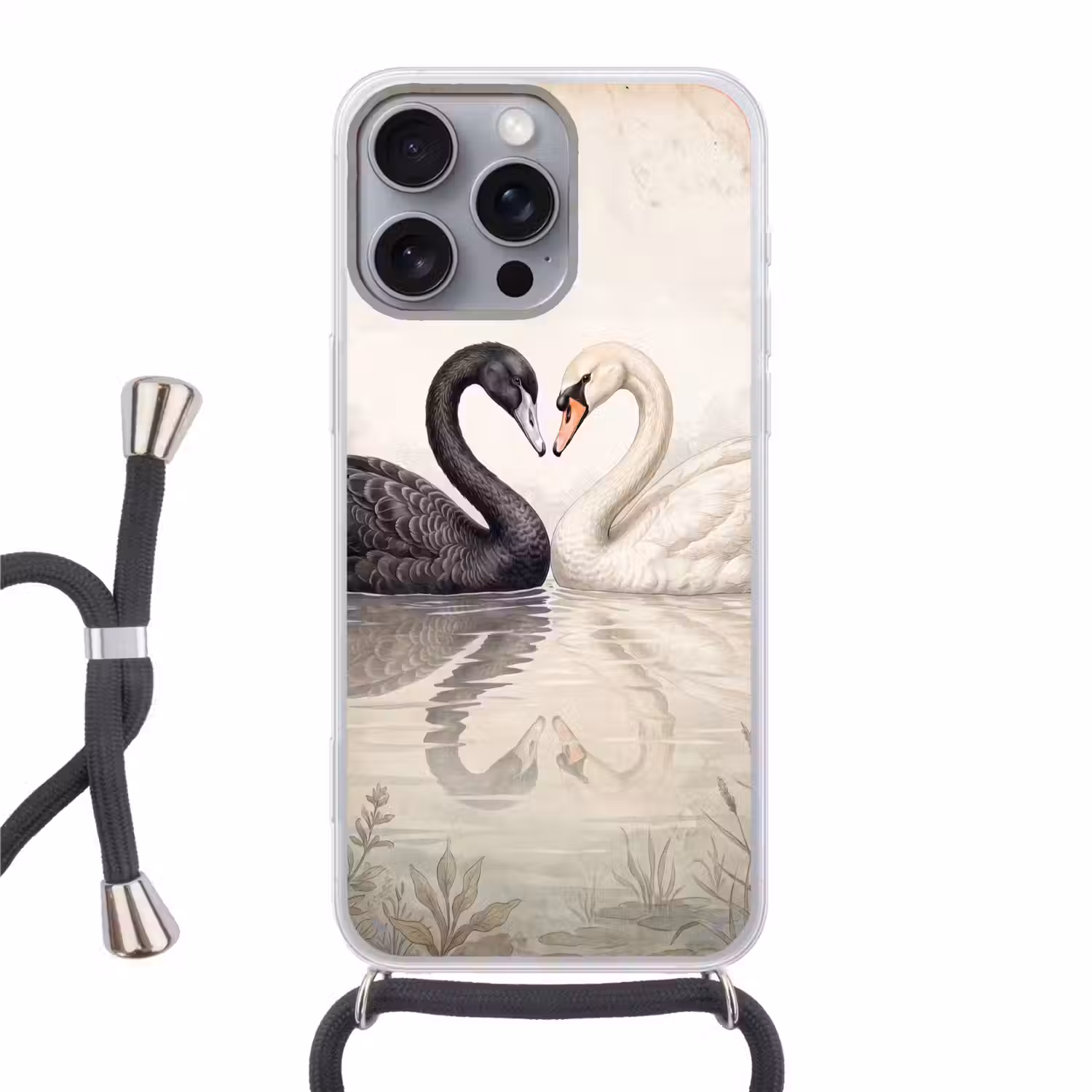 Zwanen - Hartvorm - Dieren Hoesje iPhone 16 Pro Max met koord klein -3d