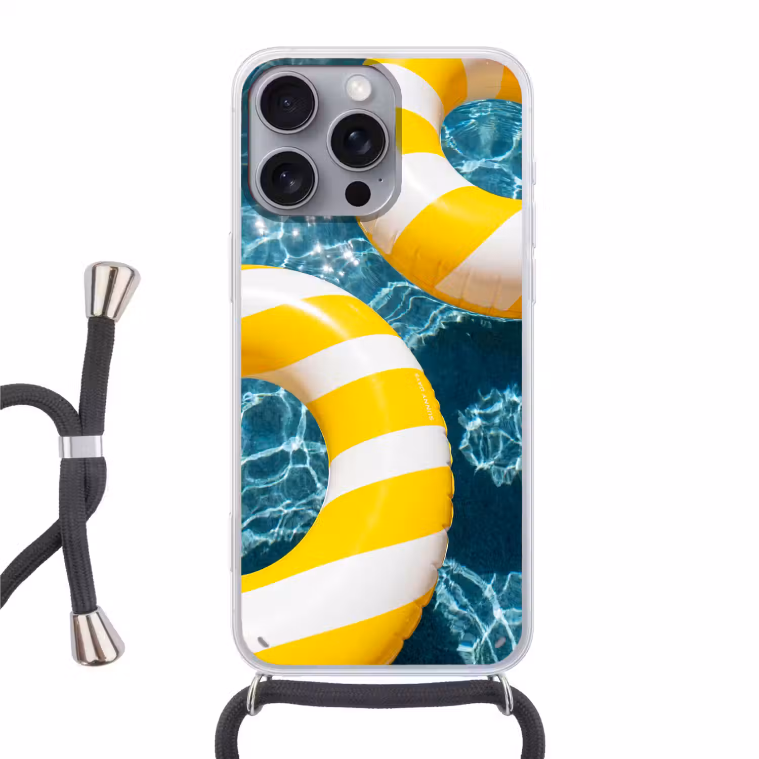 Zwembad - Zwembanden - Zomer - Geel - Blauw Hoesje iPhone 16 Pro Max met koord klein -3d