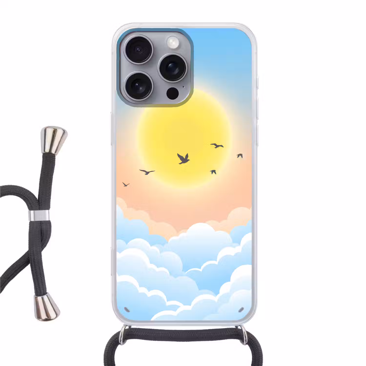 Zon - Vogels - Lucht - Natuur - Geel Hoesje iPhone 16 Pro Max met koord klein -3d