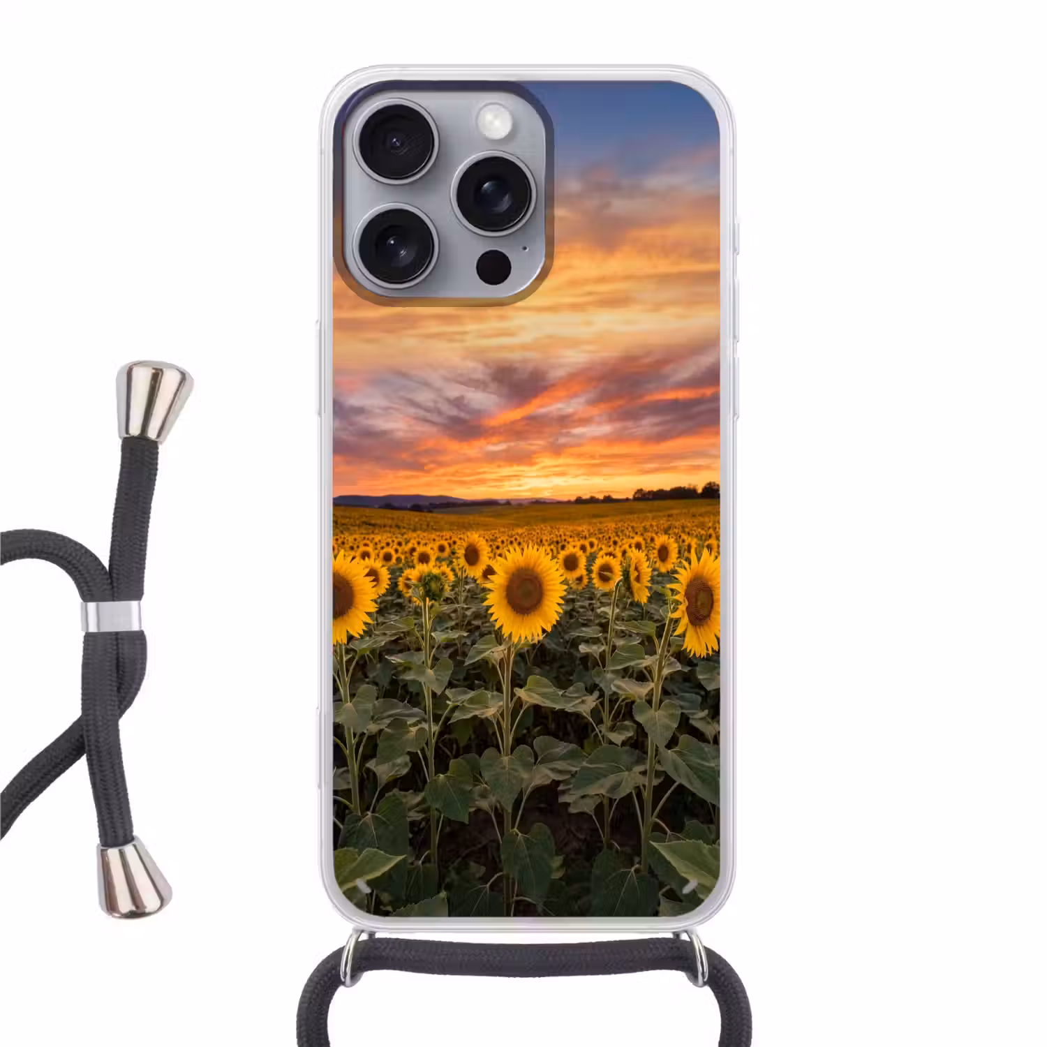 Zonnebloemen - Heuvellandschap - Geel Hoesje iPhone 16 Pro Max met koord klein -3d
